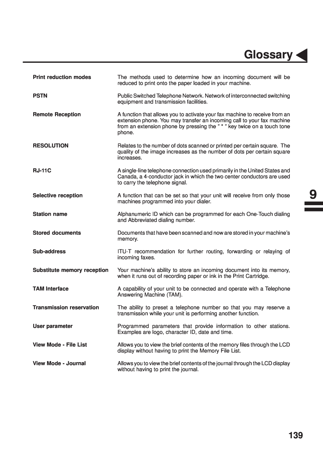 Panasonic UF-333 manual Glossary, Print reduction modes 