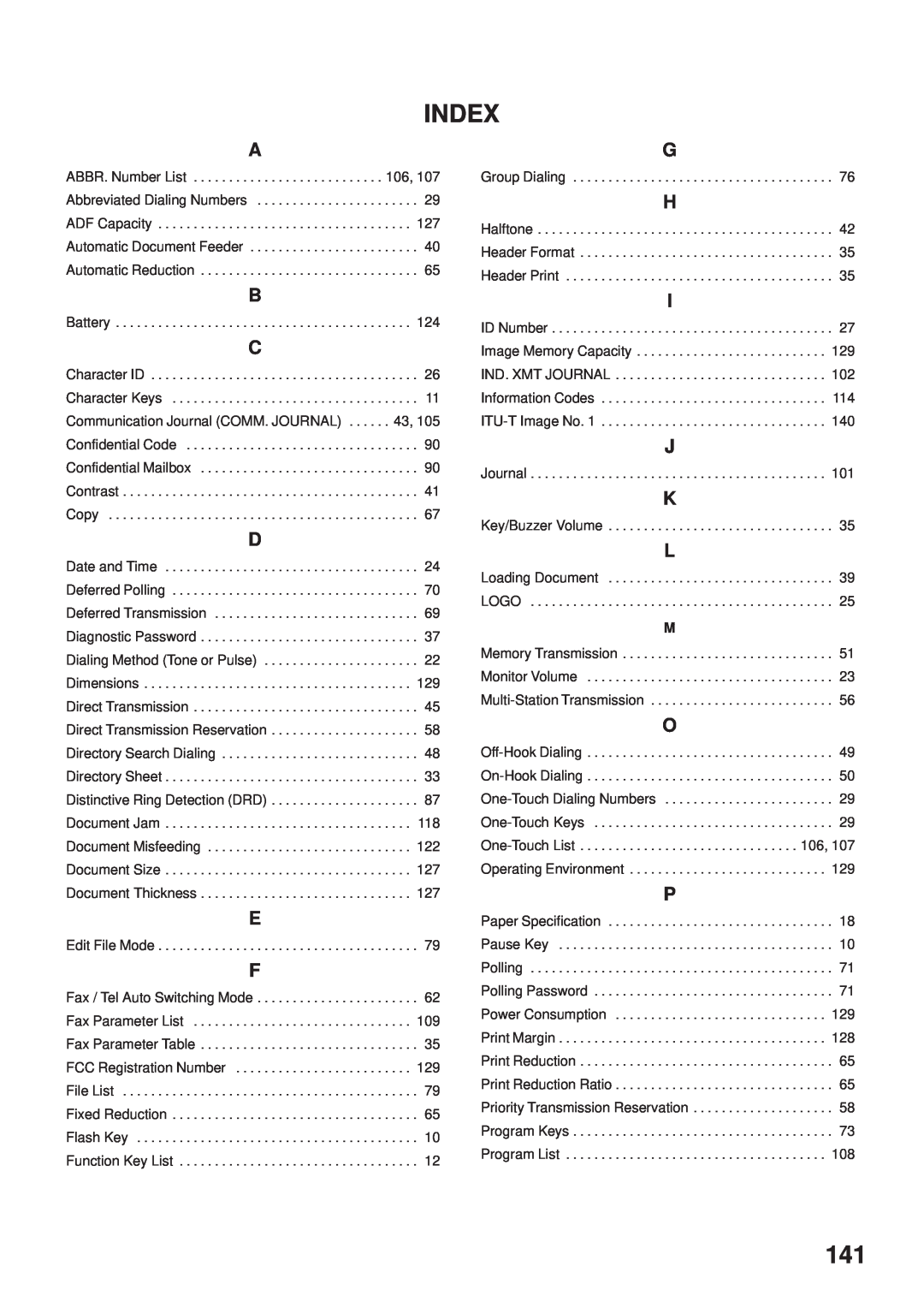 Panasonic UF-333 manual Index 
