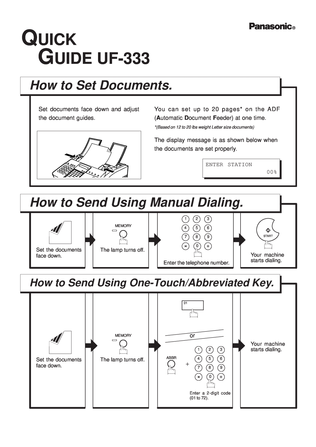 Panasonic manual QUICK GUIDE UF-333, How to Set Documents, How to Send Using Manual Dialing 