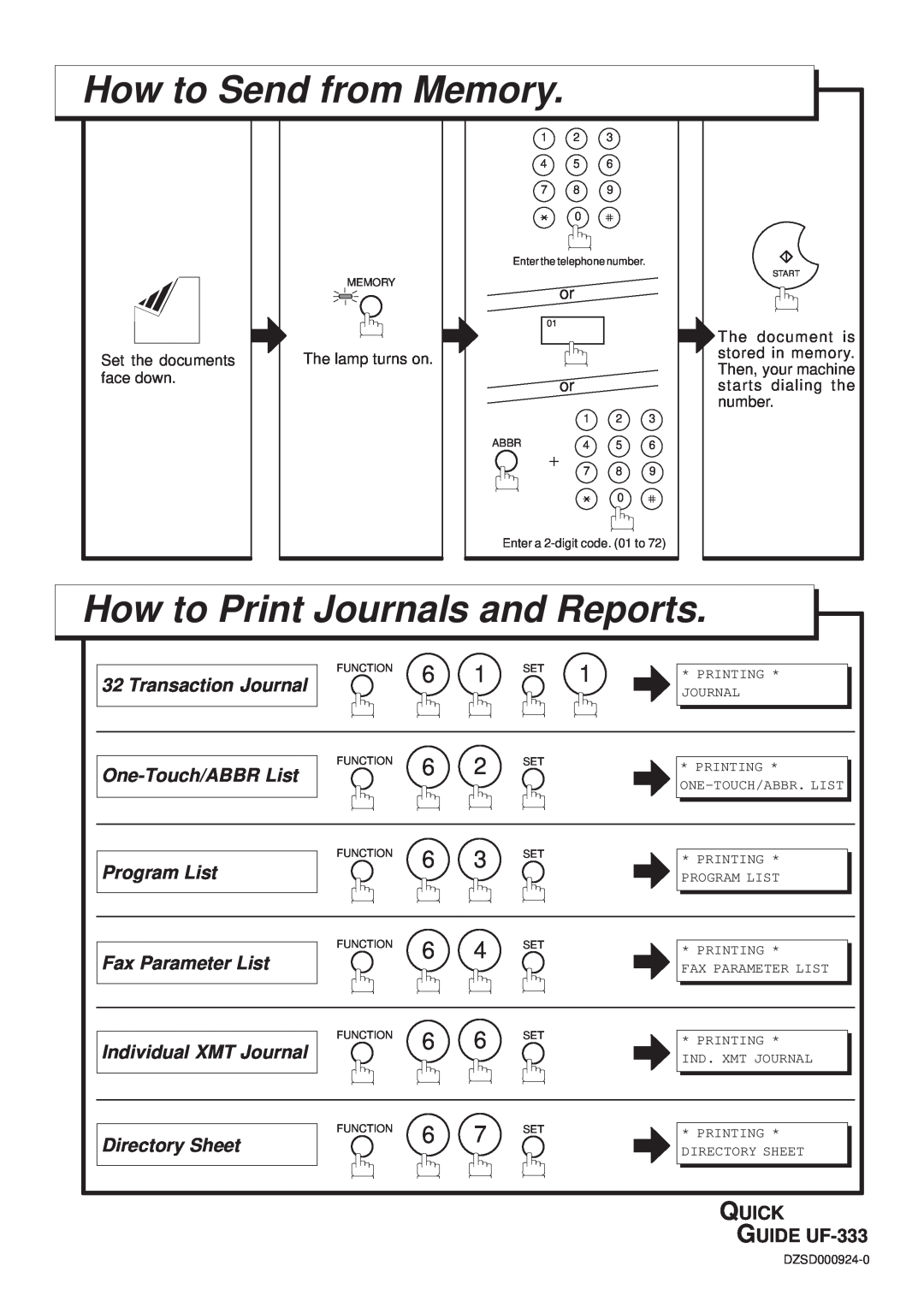 Panasonic How to Send from Memory, How to Print Journals and Reports, QUICK GUIDE UF-333, Transaction Journal, Printing 