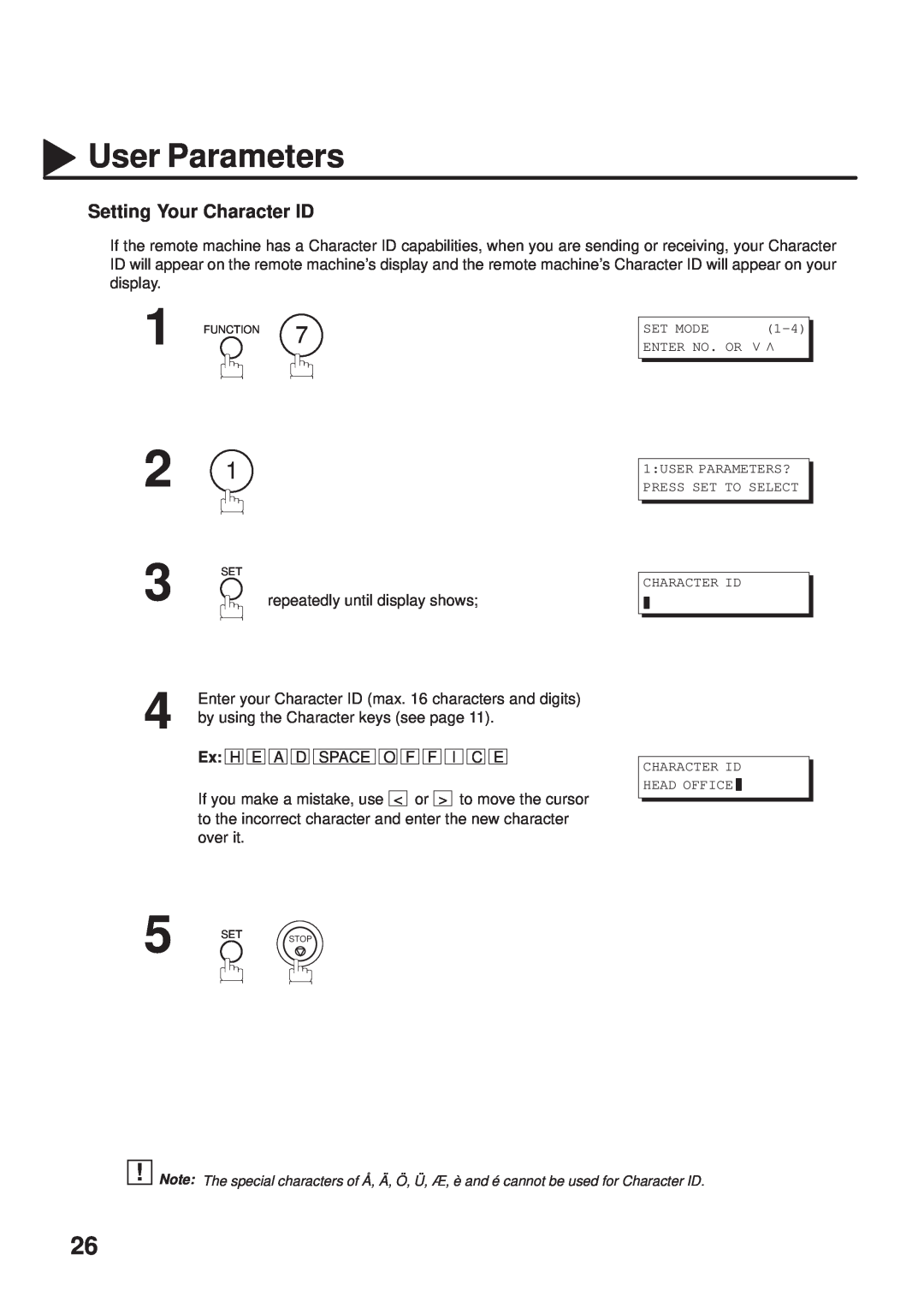 Panasonic UF-333 manual Setting Your Character ID, User Parameters 