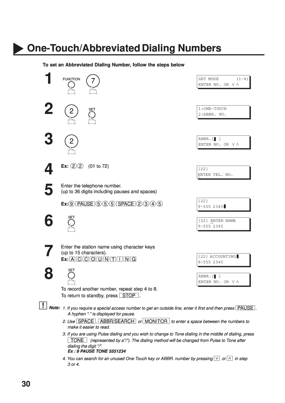 Panasonic UF-333 manual One-Touch/Abbreviated Dialing Numbers, To set an Abbreviated Dialing Number, follow the steps below 