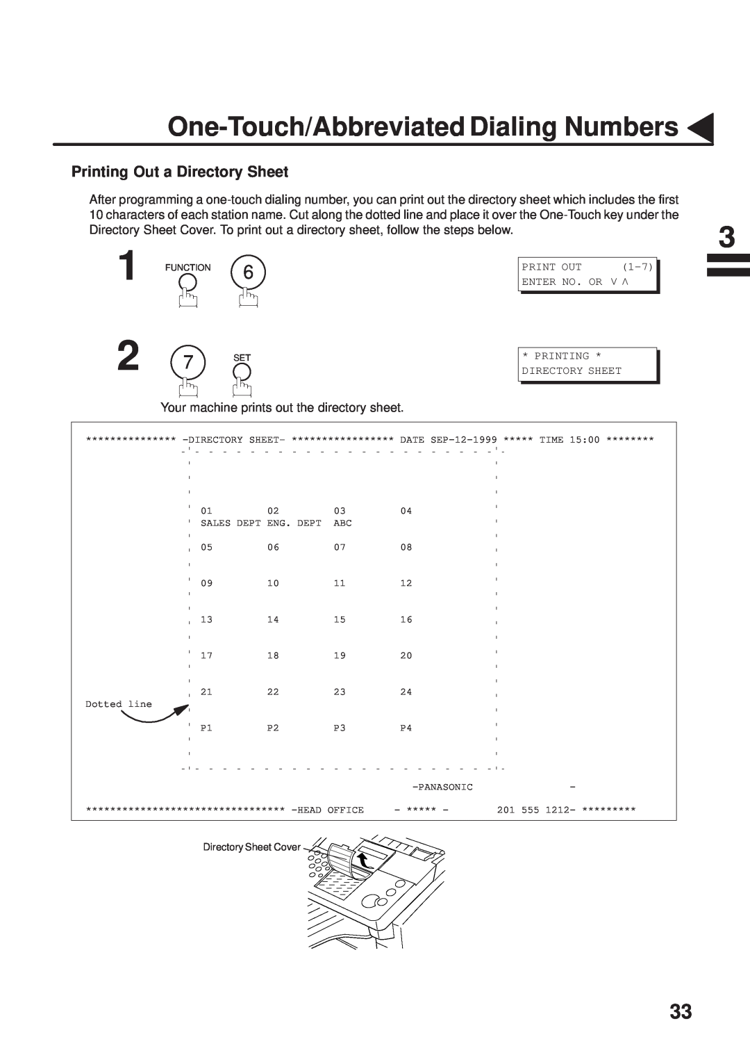 Panasonic UF-333 manual Printing Out a Directory Sheet, One-Touch/Abbreviated Dialing Numbers 