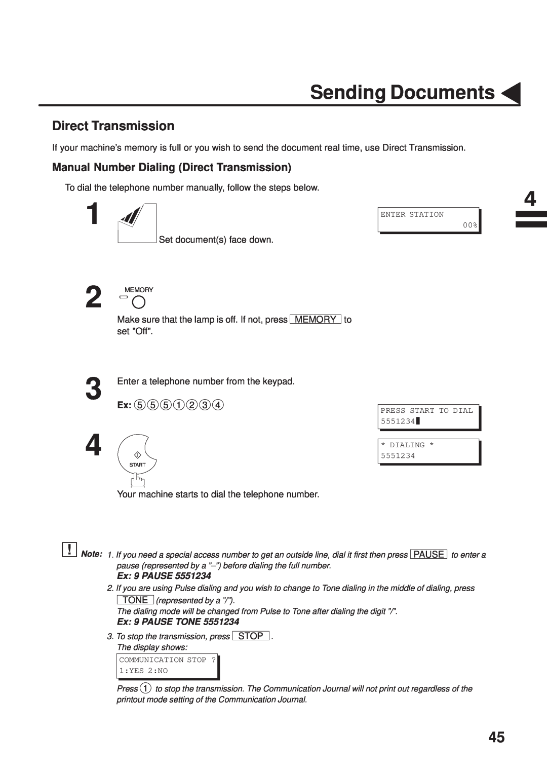 Panasonic UF-333 manual Manual Number Dialing Direct Transmission, Sending Documents, Ex 9 PAUSE TONE 