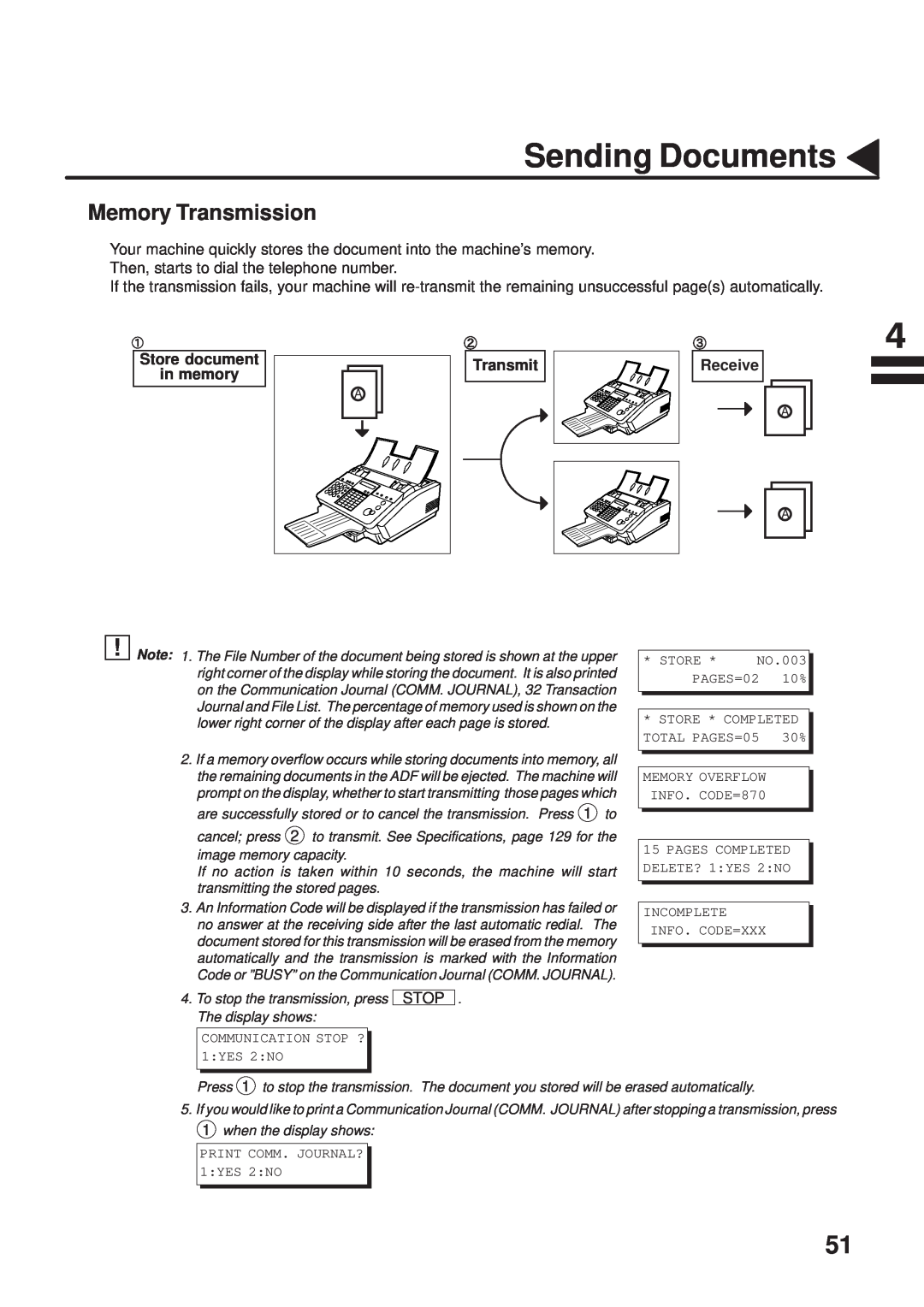 Panasonic UF-333 manual Memory Transmission, Sending Documents, Store document in memory, Transmit, Receive 