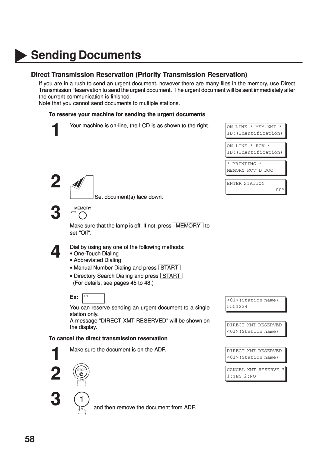 Panasonic UF-333 manual Direct Transmission Reservation Priority Transmission Reservation, Sending Documents, Memory 