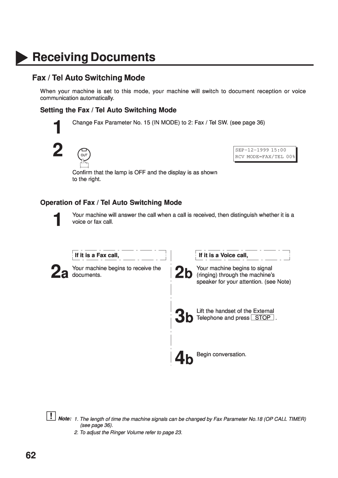 Panasonic UF-333 manual Setting the Fax / Tel Auto Switching Mode, Operation of Fax / Tel Auto Switching Mode 