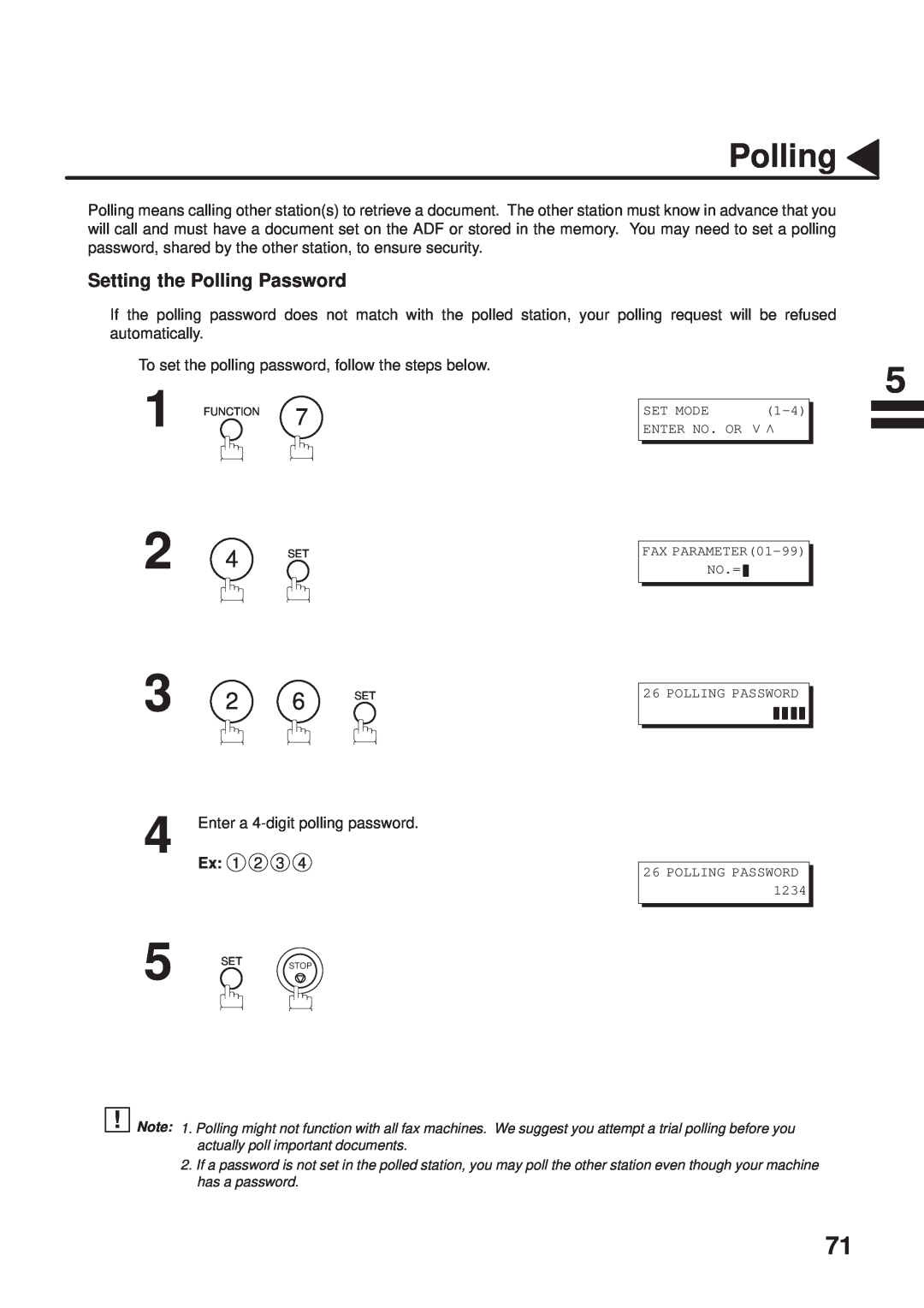 Panasonic UF-333 manual Setting the Polling Password 