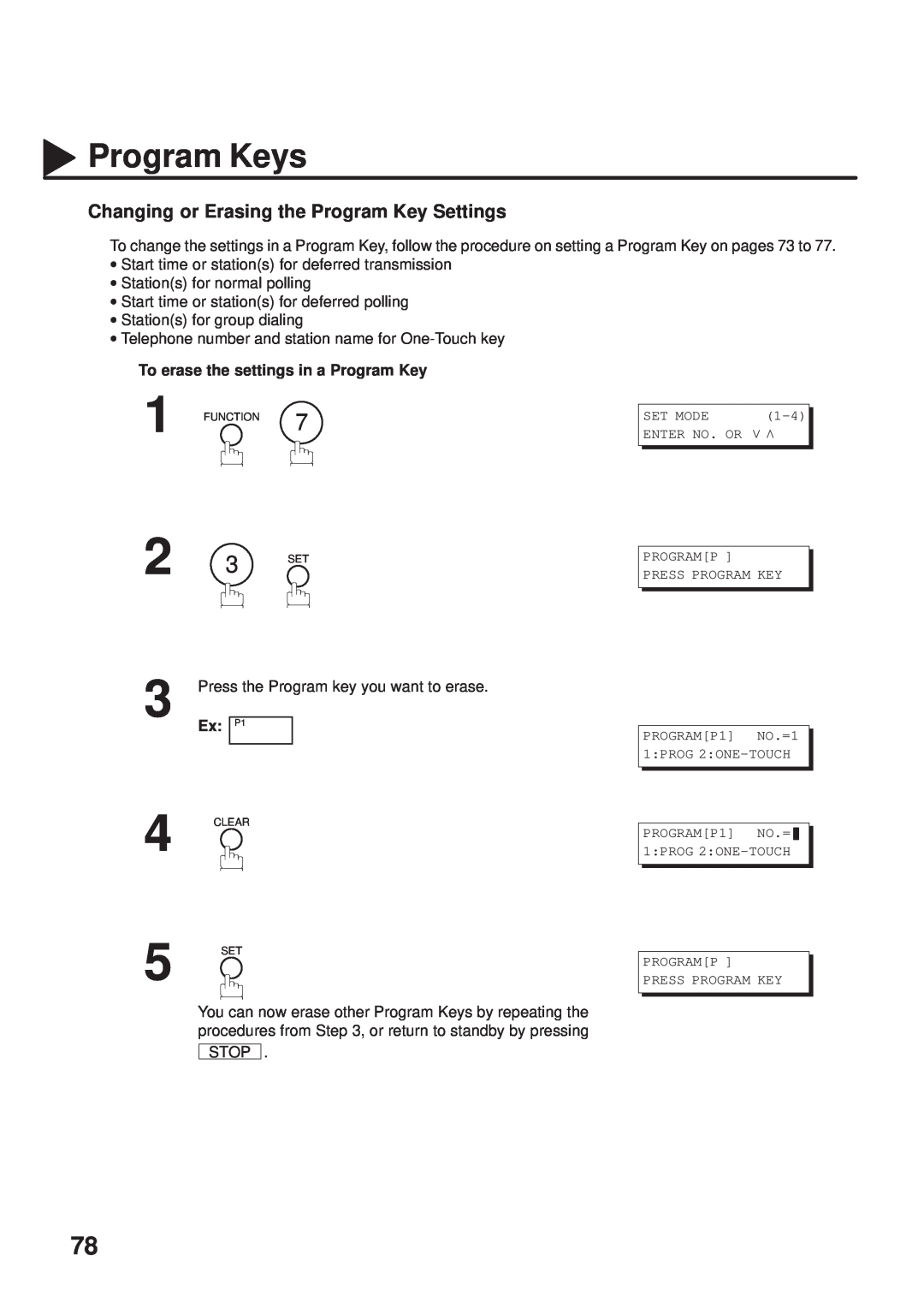 Panasonic UF-333 manual Changing or Erasing the Program Key Settings, Program Keys 