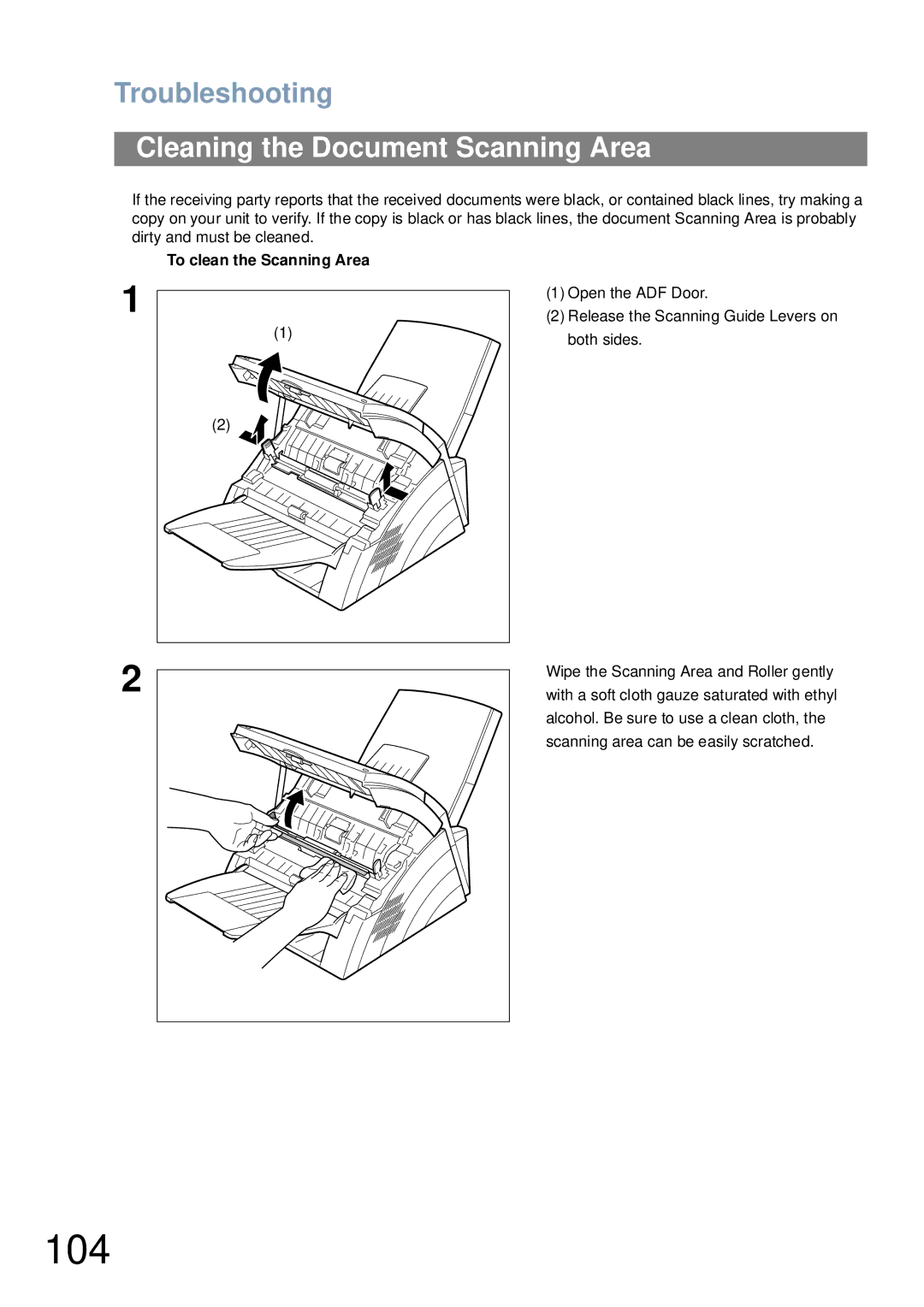 Panasonic UF-4100 manual 104, Cleaning the Document Scanning Area, To clean the Scanning Area 