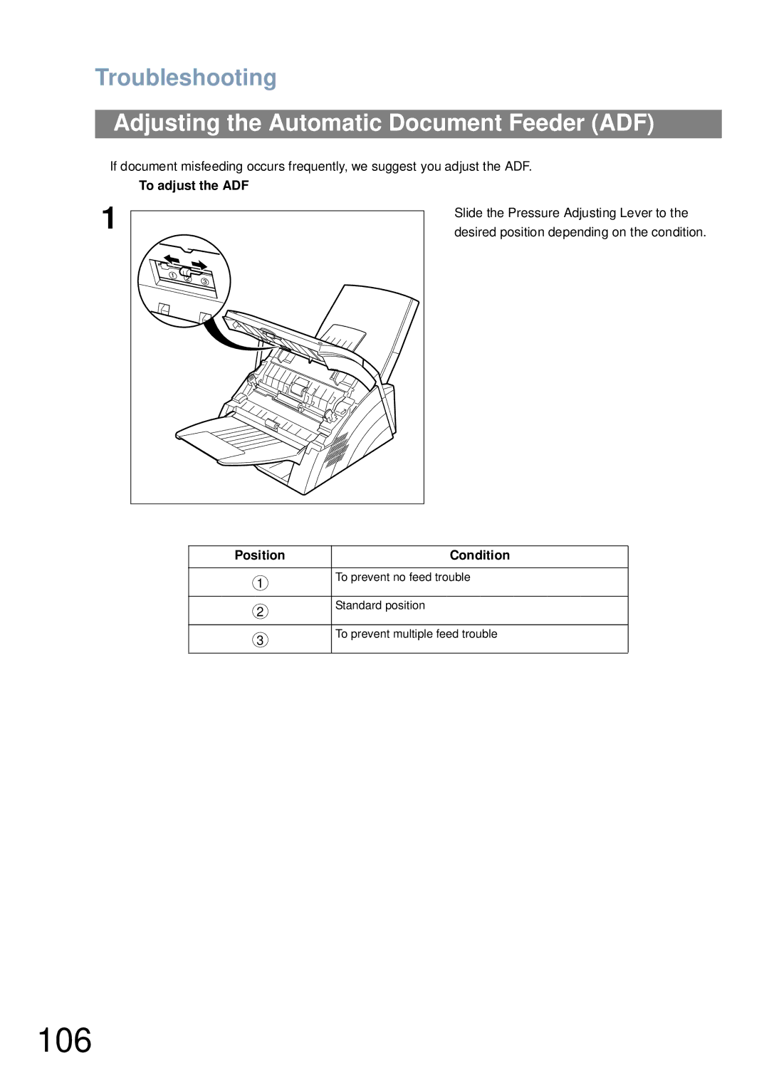 Panasonic UF-4100 manual 106, Adjusting the Automatic Document Feeder ADF, To adjust the ADF, Position Condition 