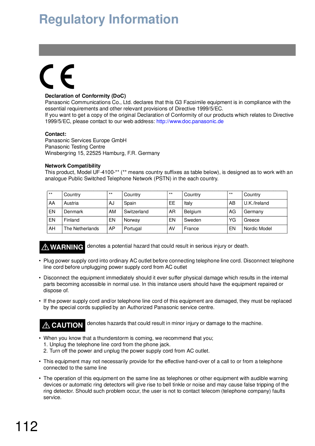 Panasonic UF-4100 manual 112, Regulatory Information, Declaration of Conformity DoC Contact, Network Compatibility 