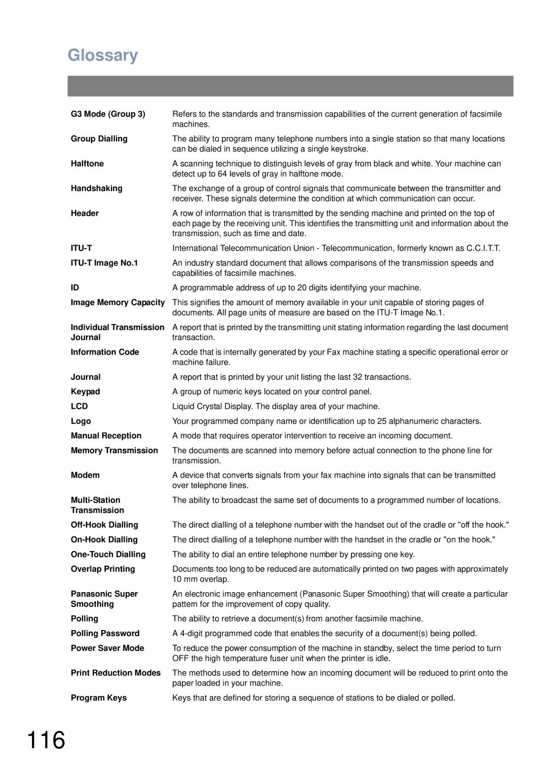 Panasonic UF-4100 manual 116, Glossary 