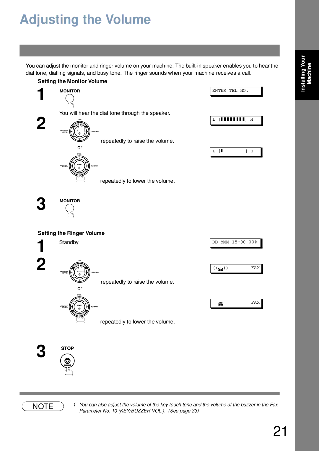 Panasonic UF-4100 manual Adjusting the Volume, Setting the Monitor Volume, Setting the Ringer Volume 