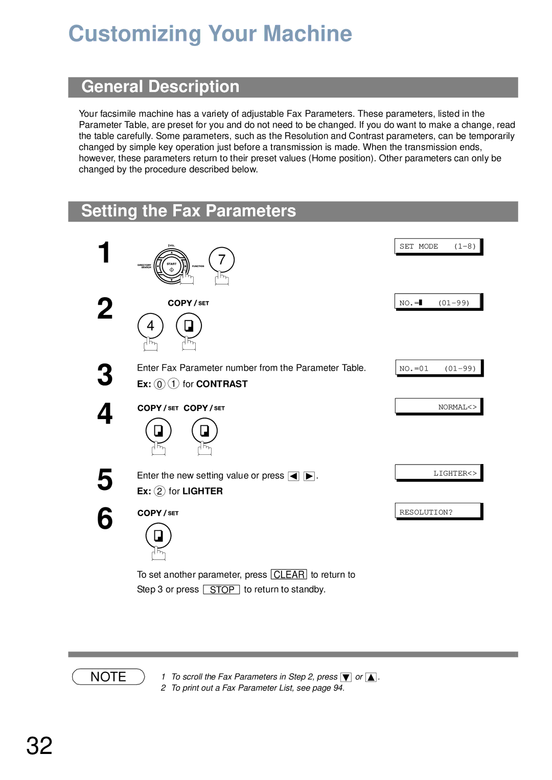 Panasonic UF-4100 manual Customizing Your Machine, Setting the Fax Parameters, Ex 0 1 for Contrast, Ex 2 for Lighter 