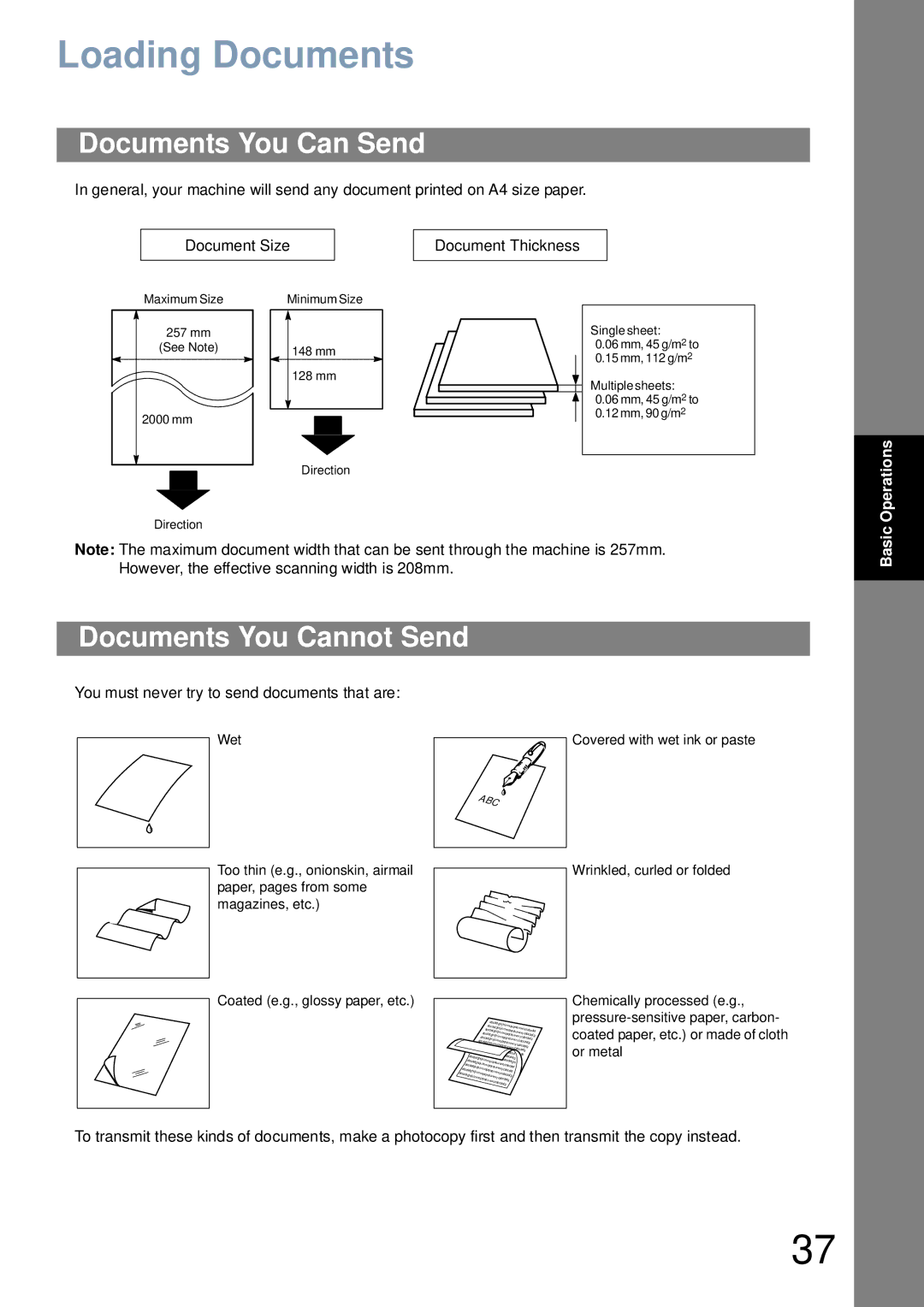 Panasonic UF-4100 manual Loading Documents, Documents You Can Send, Documents You Cannot Send 