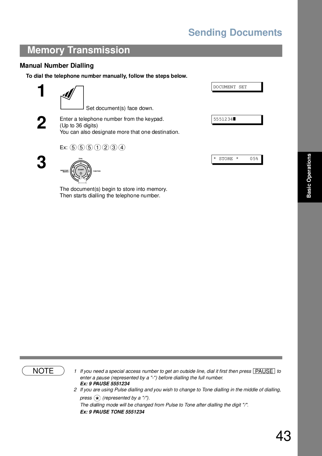 Panasonic UF-4100 manual Manual Number Dialling, Pause 