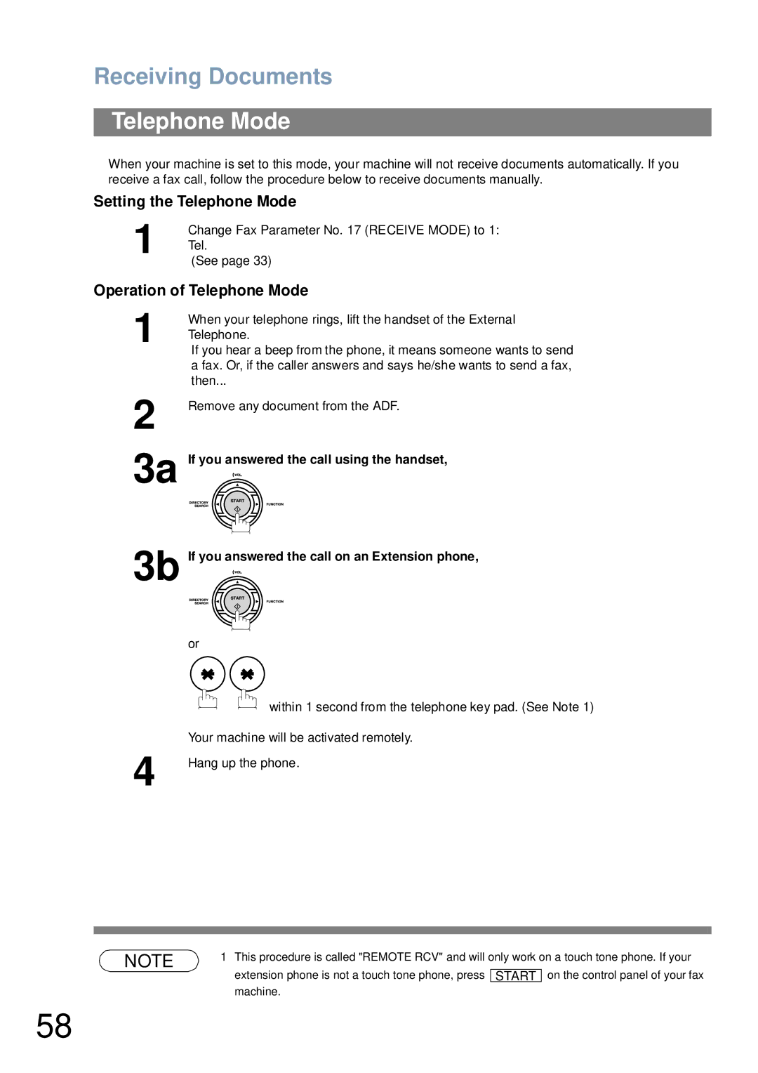 Panasonic UF-4100 manual Receiving Documents, Setting the Telephone Mode, Operation of Telephone Mode 