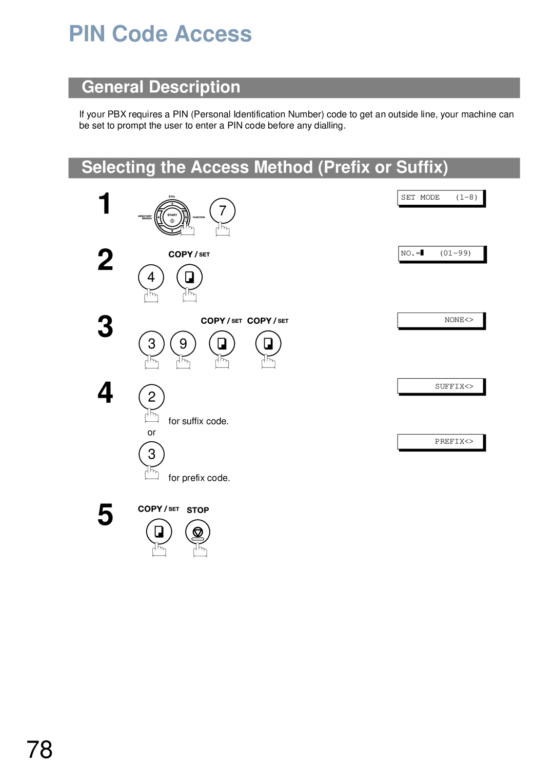 Panasonic UF-4100 manual PIN Code Access, Selecting the Access Method Prefix or Suffix 