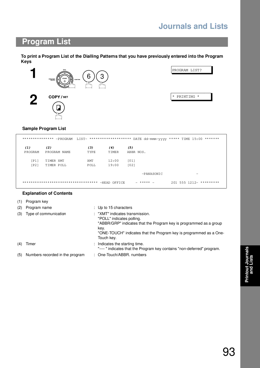 Panasonic UF-4100 manual Sample Program List 