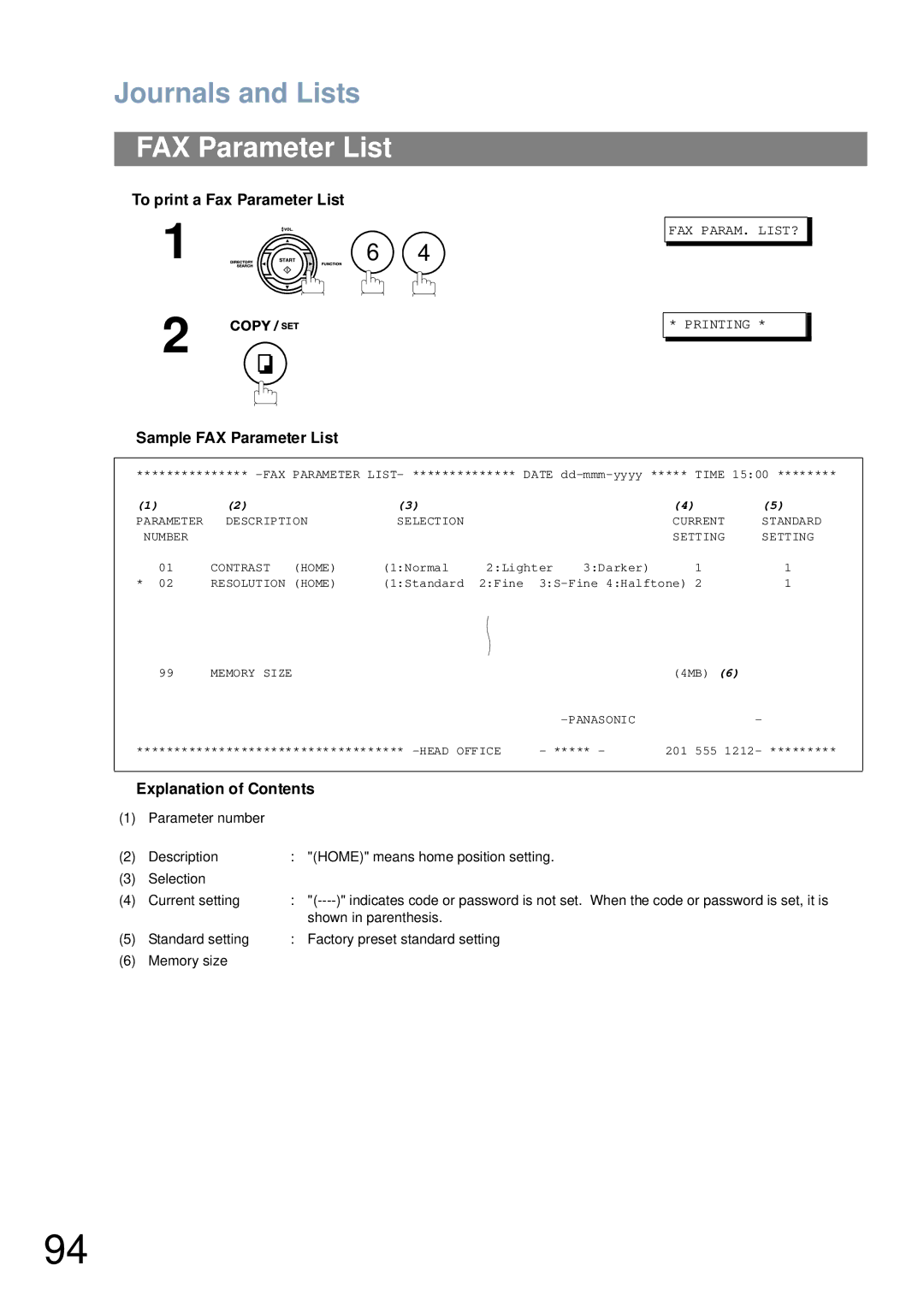 Panasonic UF-4100 manual To print a Fax Parameter List Sample FAX Parameter List 