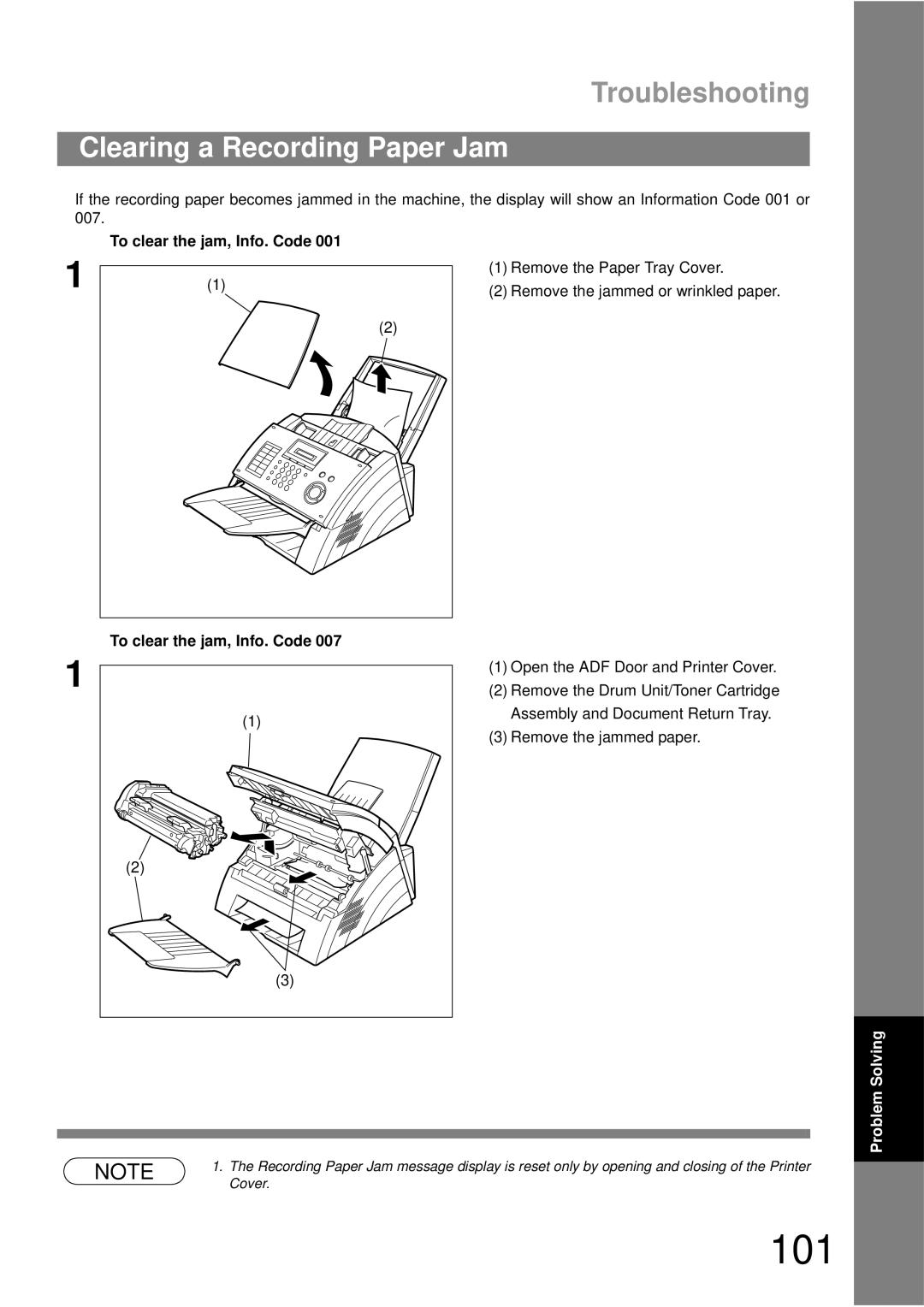 Panasonic UF-490 appendix 101, Clearing a Recording Paper Jam, To clear the jam, Info. Code 