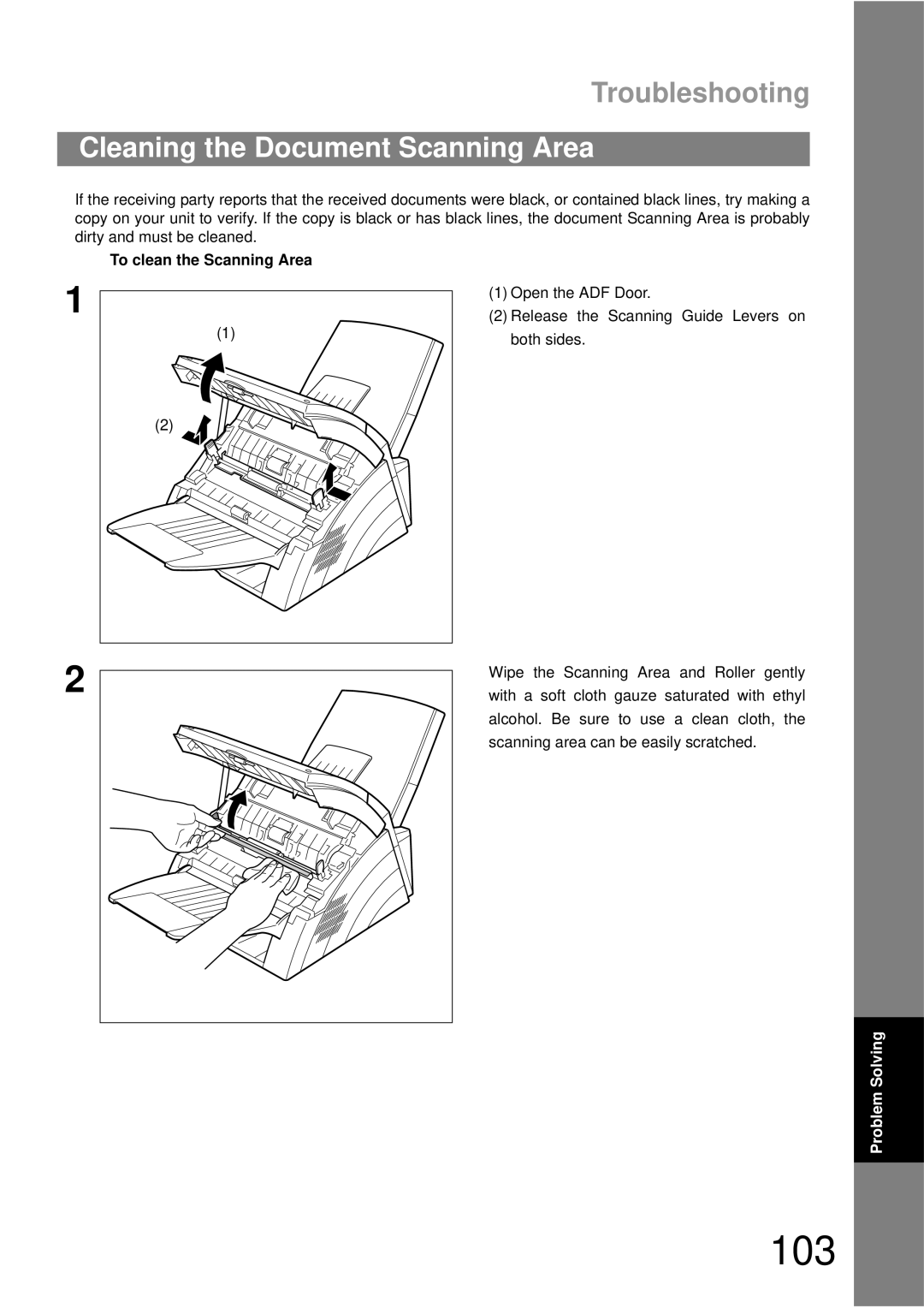 Panasonic UF-490 appendix 103, Cleaning the Document Scanning Area, To clean the Scanning Area 