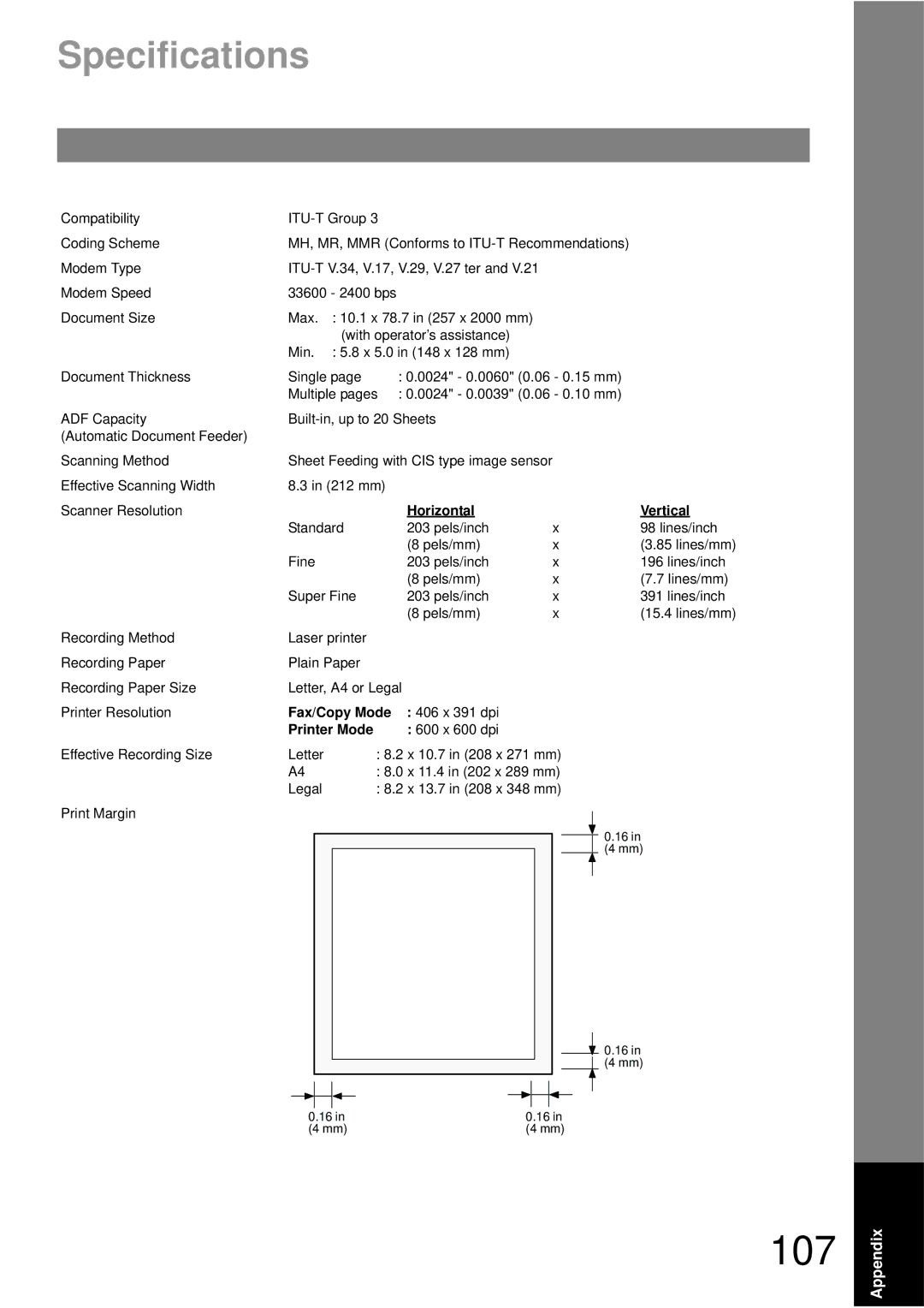 Panasonic UF-490 appendix Specifications, Horizontal, Fax/Copy Mode 406 x 391 dpi Printer Mode, Vertical 