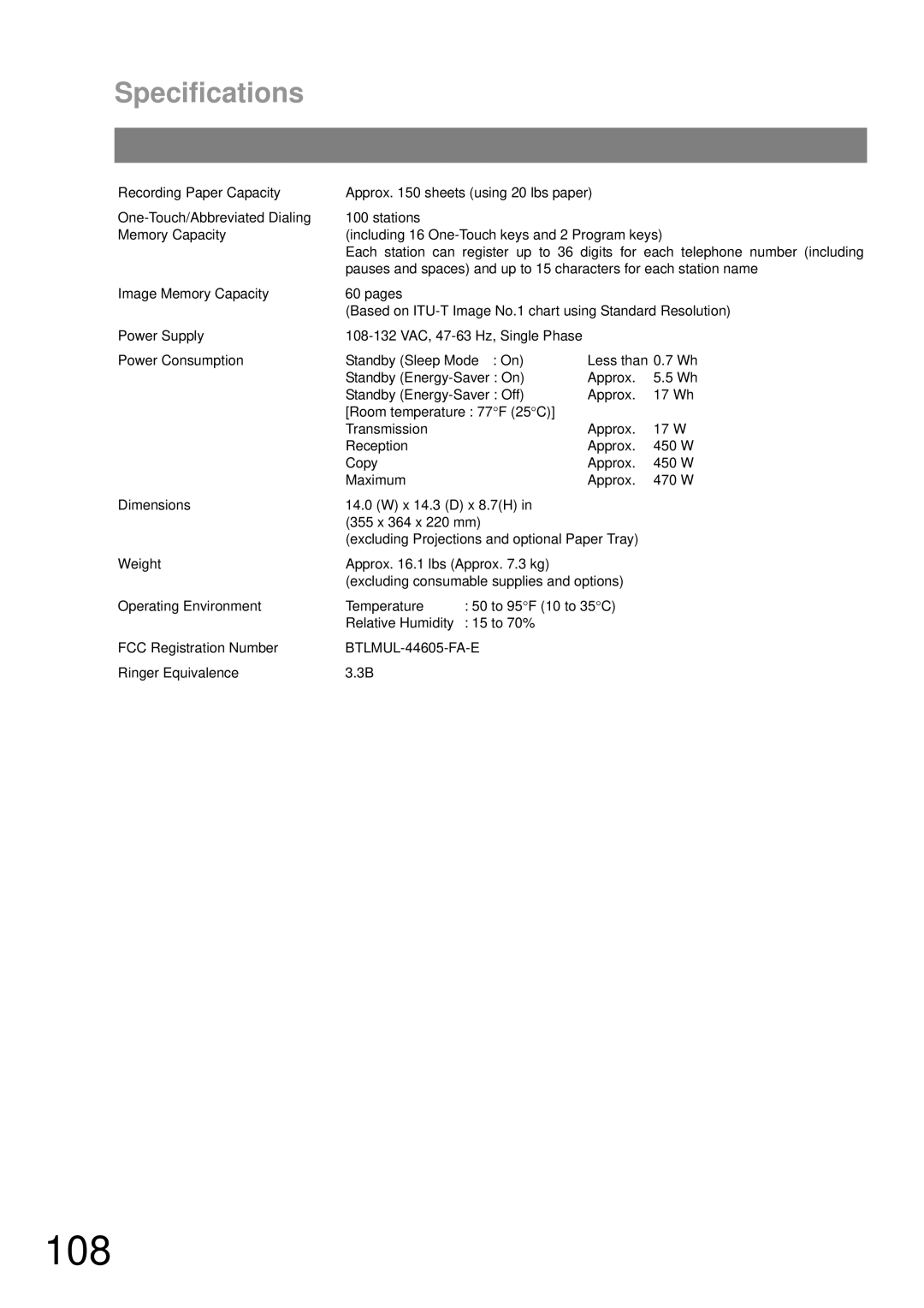 Panasonic UF-490 appendix 108, Specifications 