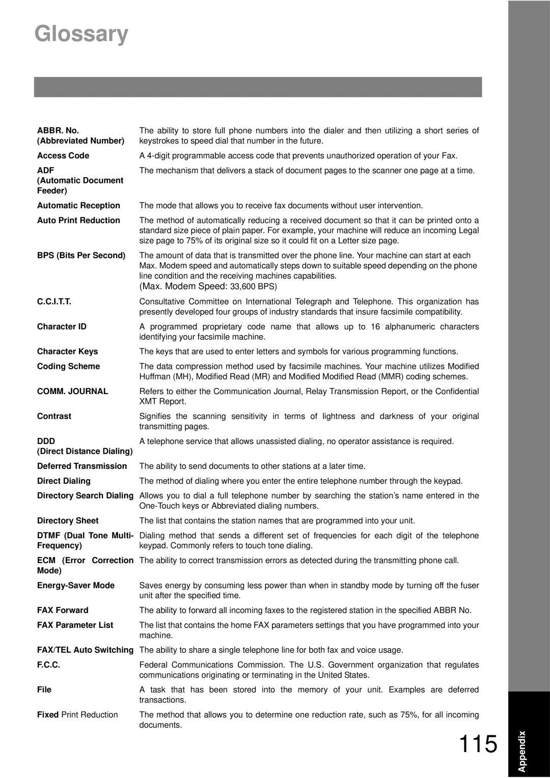 Panasonic UF-490 appendix Glossary, Max. Modem Speed 33,600 BPS 