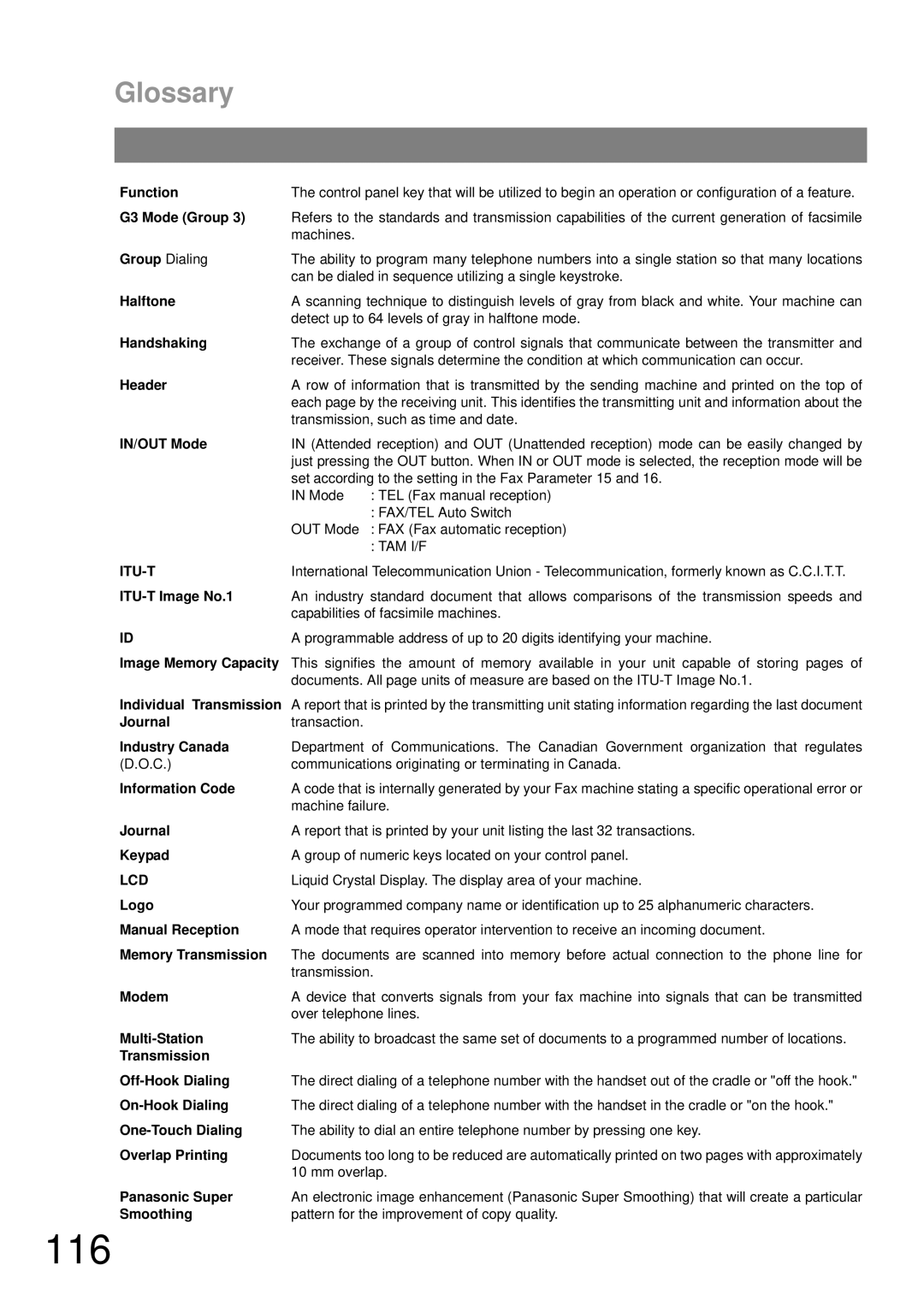 Panasonic UF-490 appendix 116, Glossary 