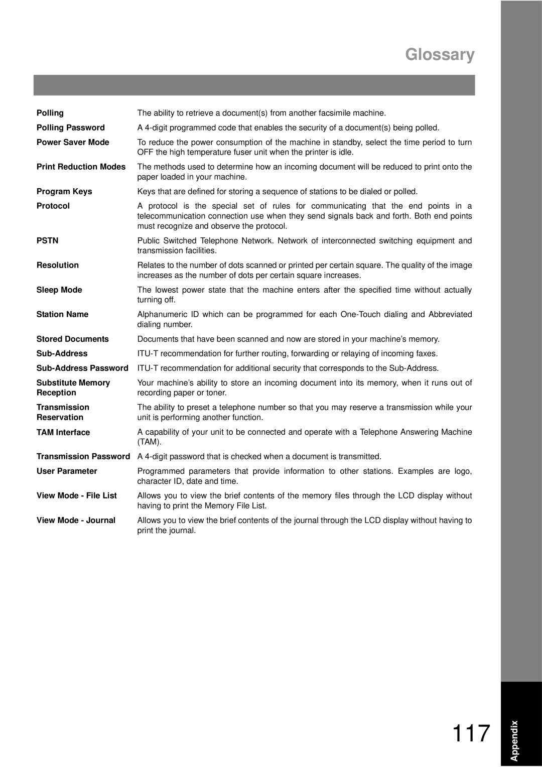 Panasonic UF-490 Polling Password, Power Saver Mode, Print Reduction Modes, Program Keys, Protocol, Resolution, Reception 