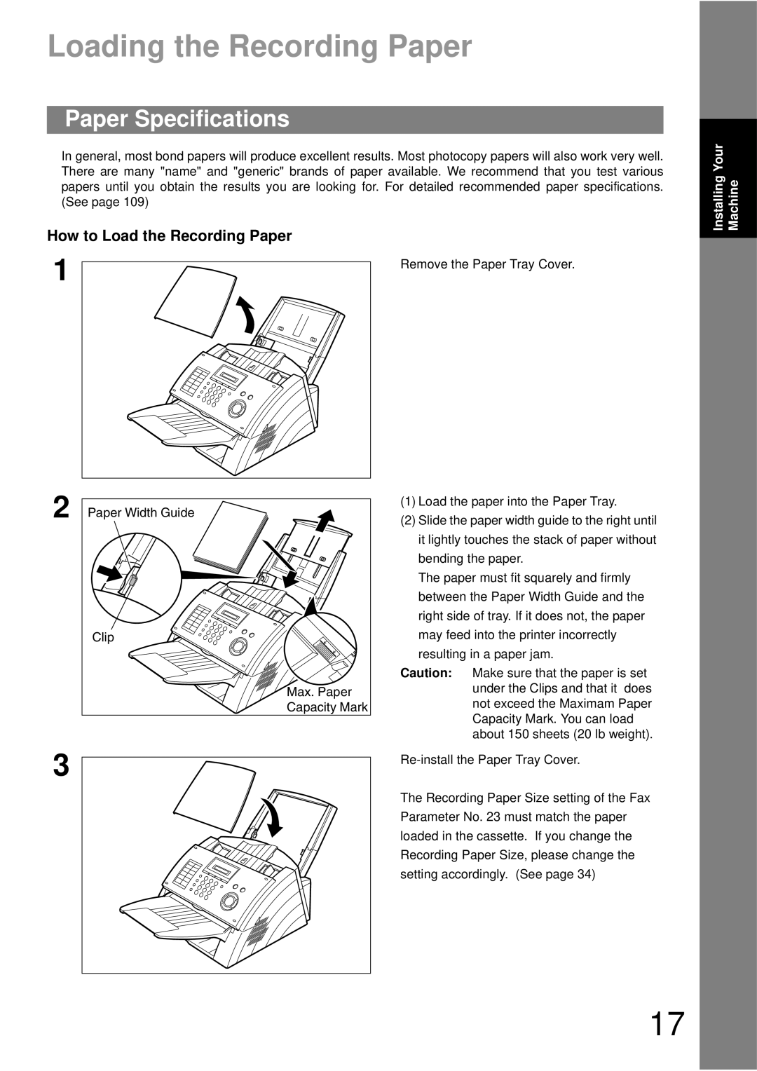 Panasonic UF-490 appendix Loading the Recording Paper, Paper Specifications, How to Load the Recording Paper 