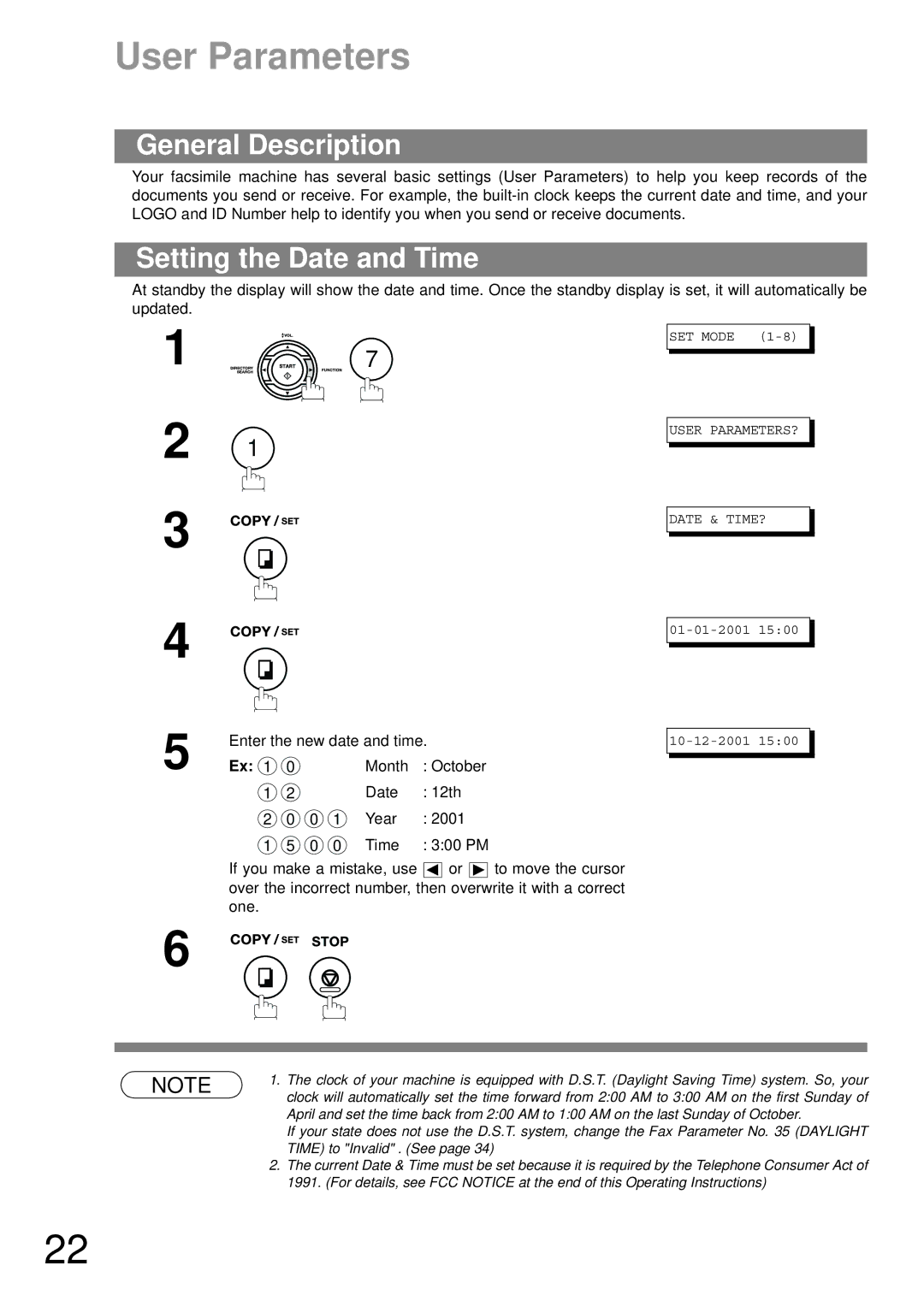 Panasonic UF-490 appendix User Parameters, General Description, Setting the Date and Time 