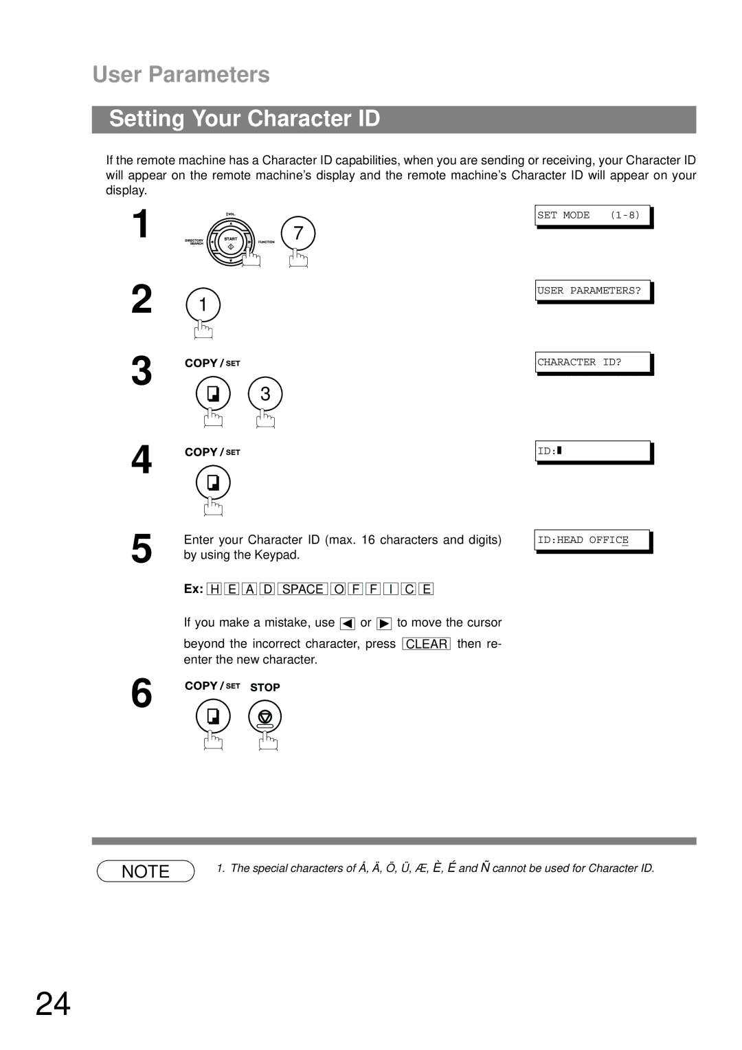 Panasonic UF-490 appendix Setting Your Character ID 