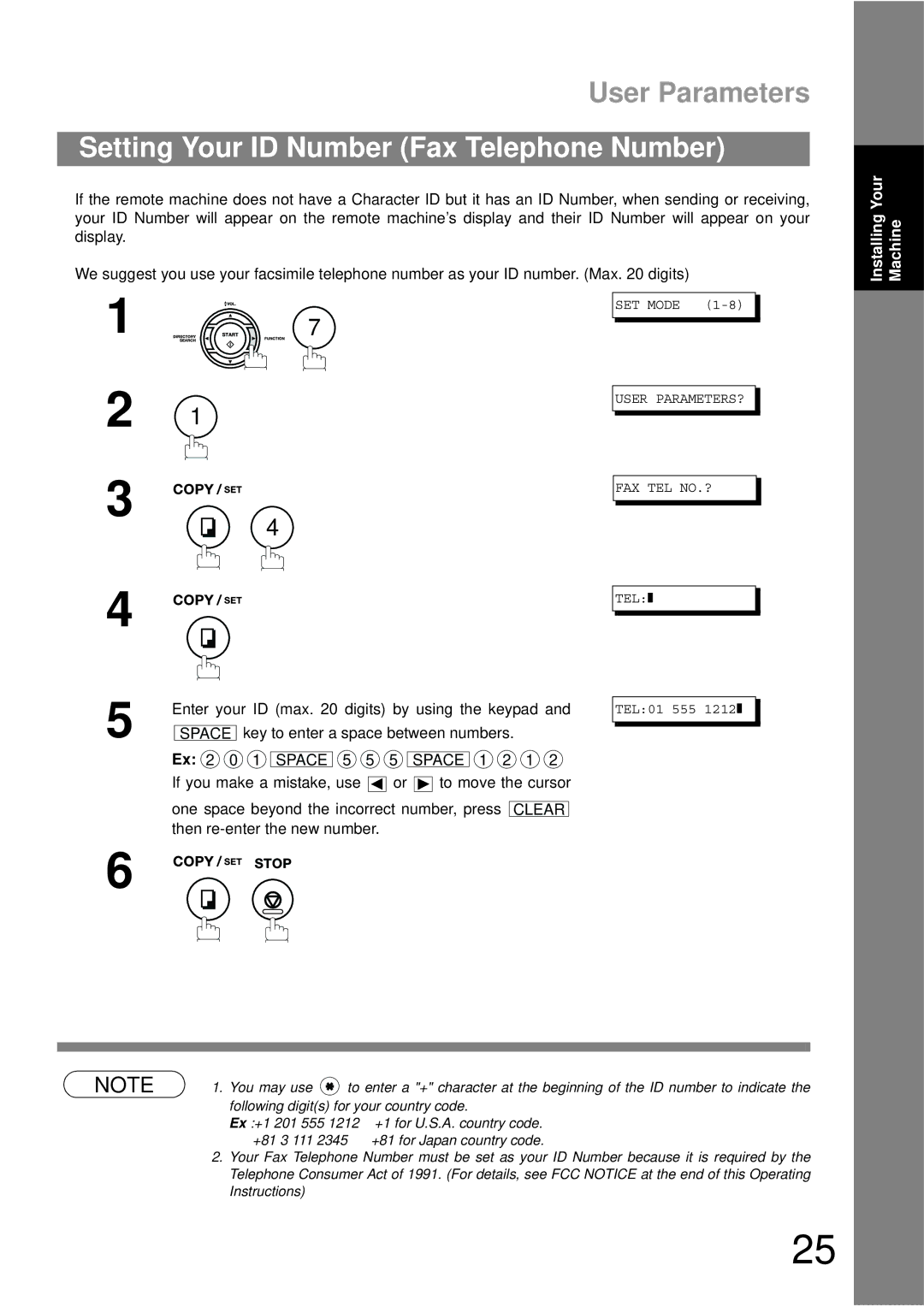 Panasonic UF-490 appendix Setting Your ID Number Fax Telephone Number 