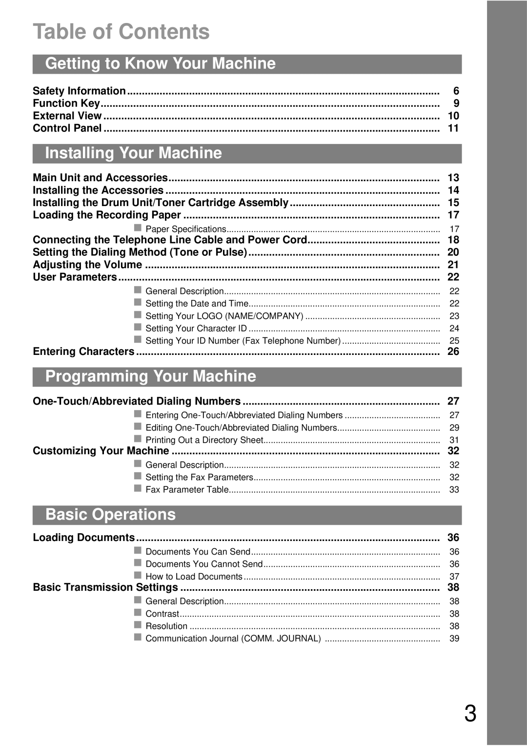 Panasonic UF-490 appendix Table of Contents 