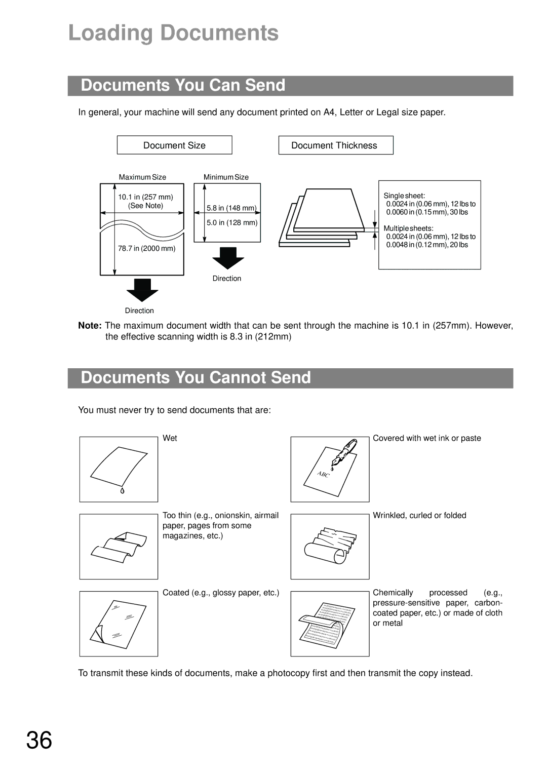 Panasonic UF-490 appendix Loading Documents, Documents You Can Send, Documents You Cannot Send 