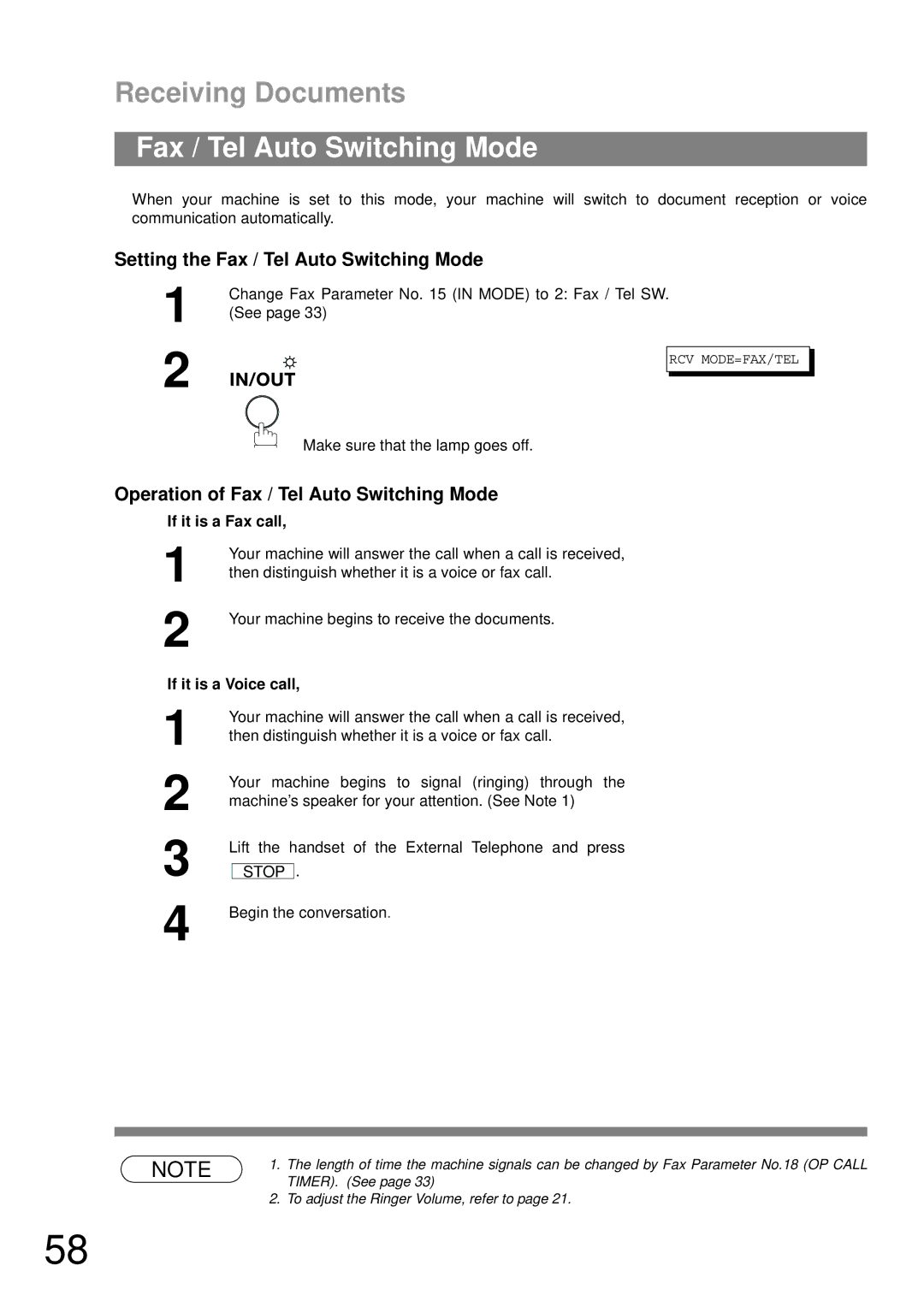 Panasonic UF-490 appendix Setting the Fax / Tel Auto Switching Mode, Operation of Fax / Tel Auto Switching Mode 