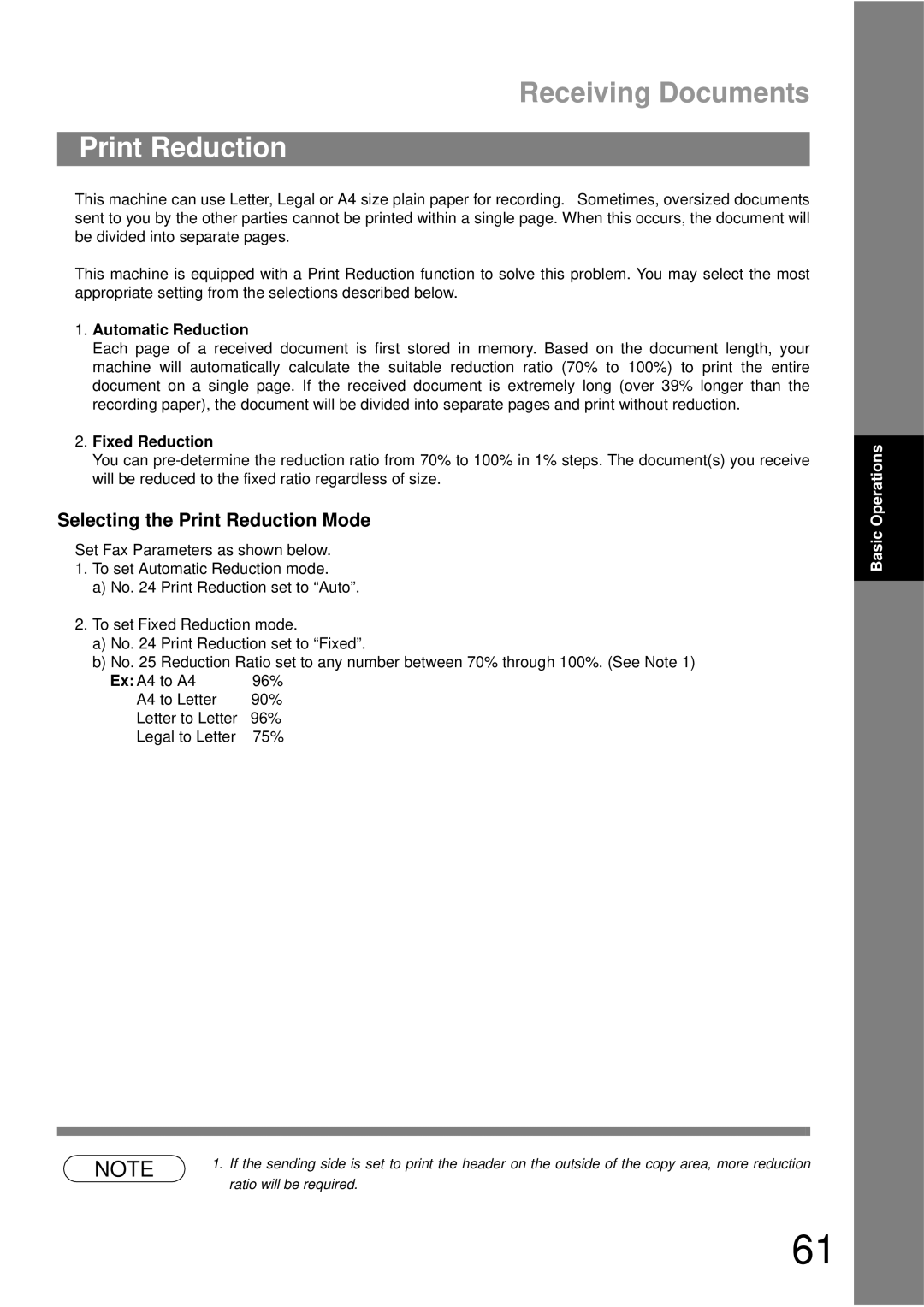 Panasonic UF-490 appendix Selecting the Print Reduction Mode, Automatic Reduction, Fixed Reduction 