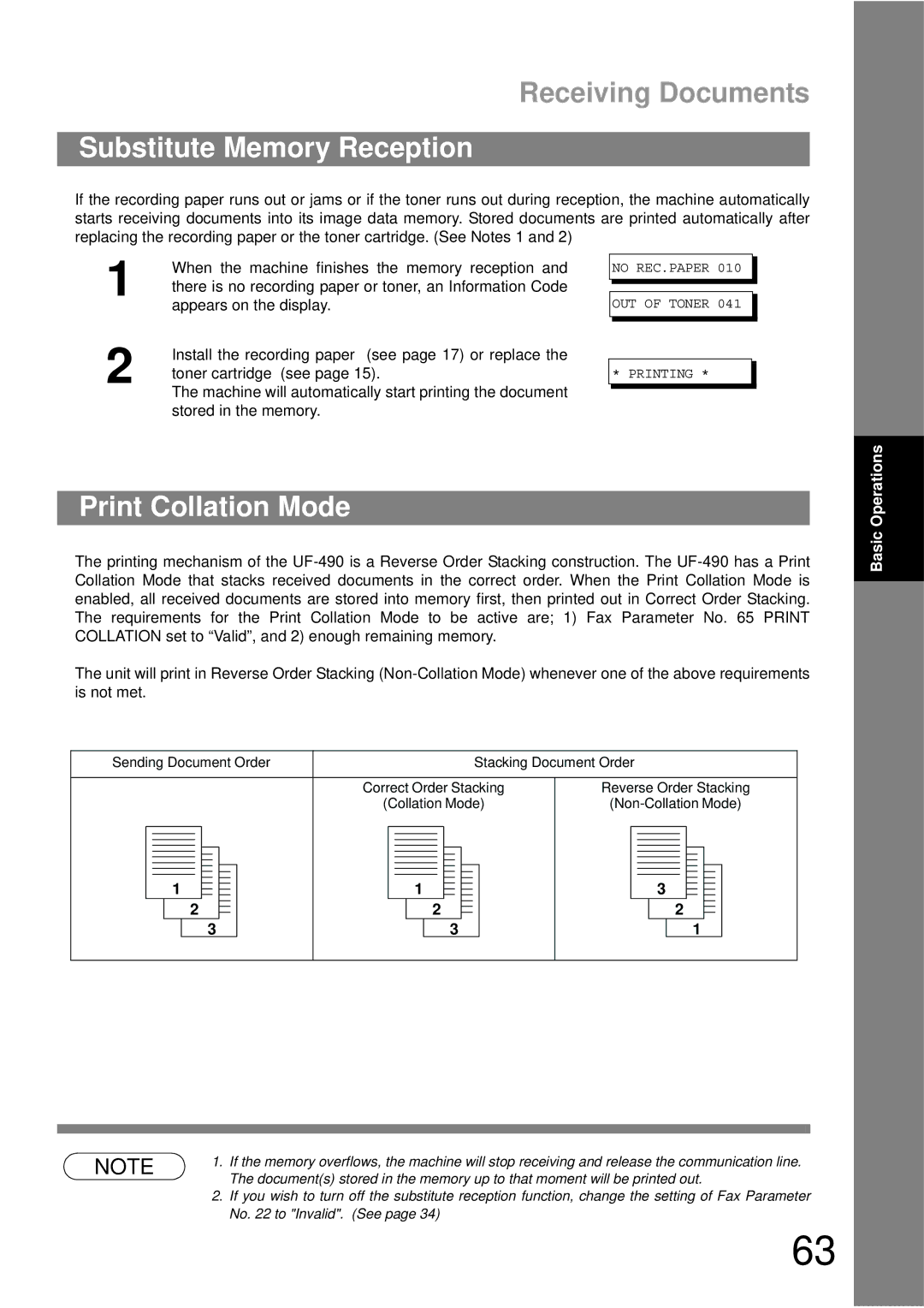 Panasonic UF-490 appendix Substitute Memory Reception, Print Collation Mode 