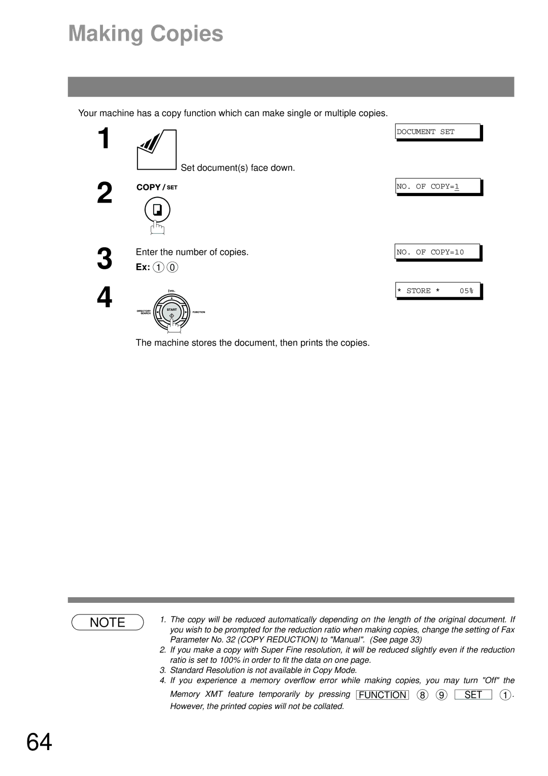 Panasonic UF-490 Making Copies, Enter the number of copies, Ex 1, Machine stores the document, then prints the copies 