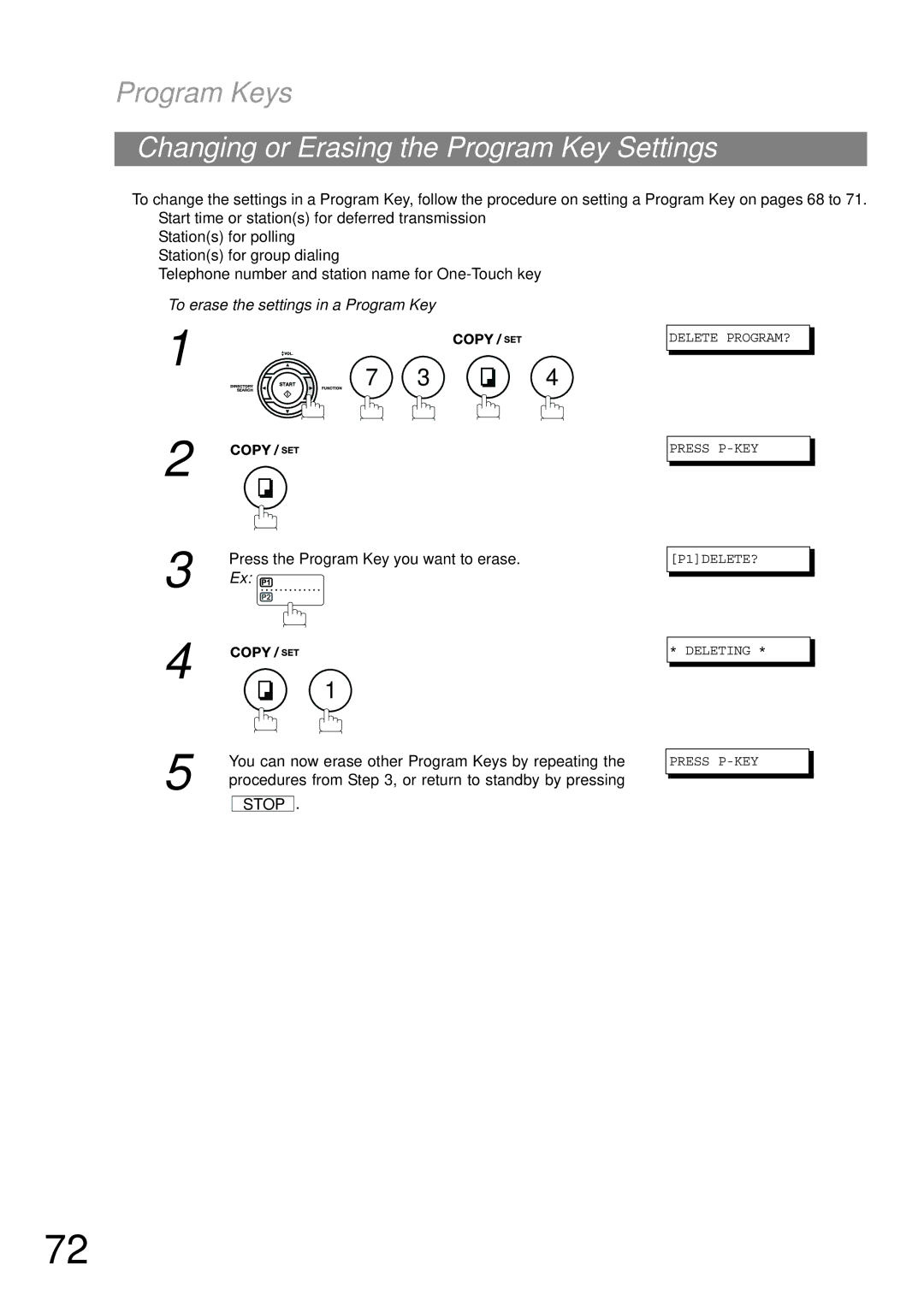 Panasonic UF-490 appendix Changing or Erasing the Program Key Settings, To erase the settings in a Program Key 