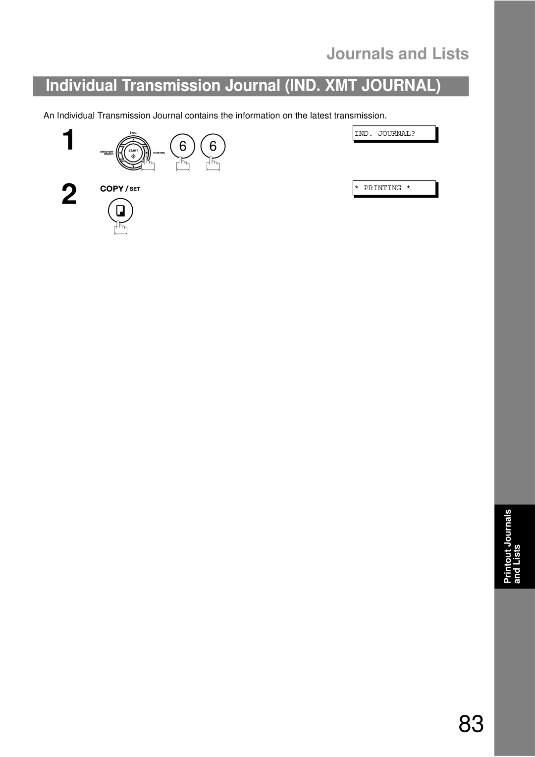 Panasonic UF-490 appendix Journals and Lists, Individual Transmission Journal IND. XMT Journal 