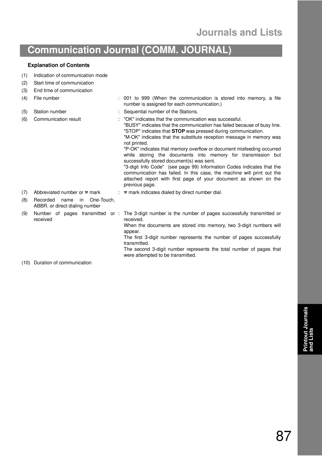 Panasonic UF-490 appendix Stop indicates that Stop was pressed during communication 