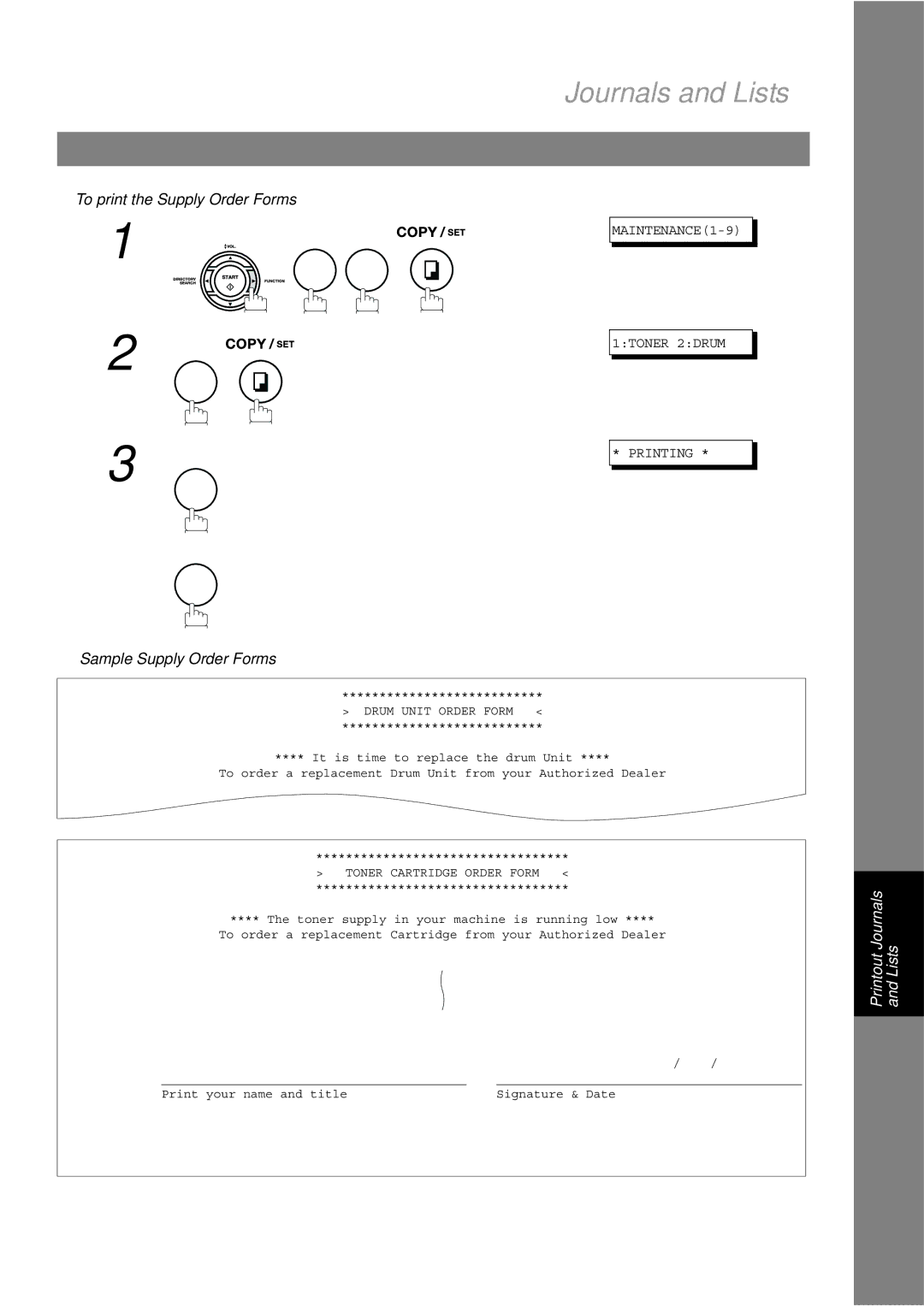 Panasonic UF-490 To print the Supply Order Forms, To print a Toner Cartridge Order Form, To print a Drum Unit Order Form 