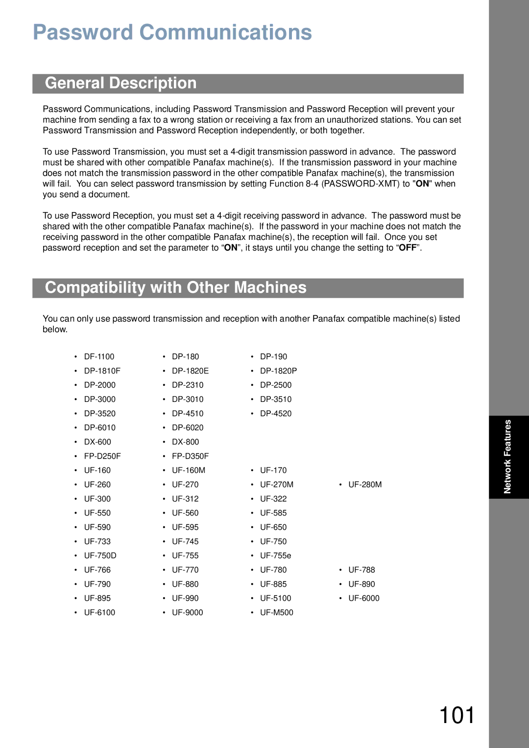 Panasonic UF-6000 appendix 101, Password Communications, Compatibility with Other Machines 