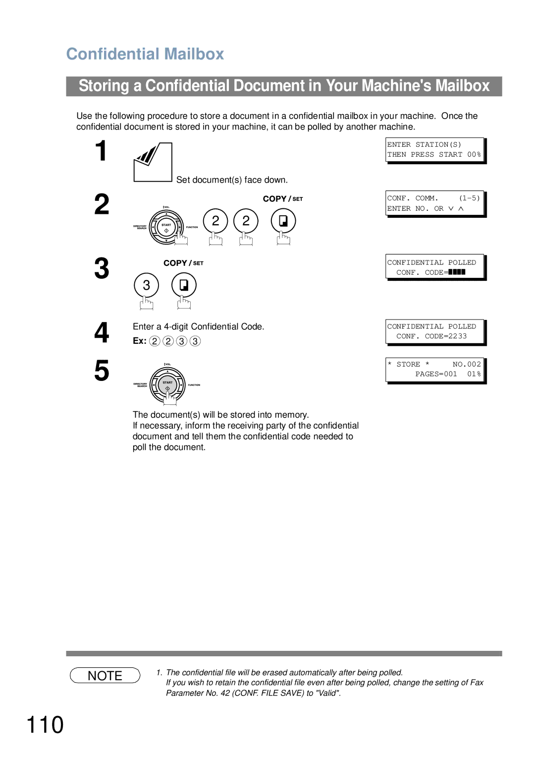 Panasonic UF-6000 appendix 110, Enter a 4-digit Confidential Code Ex 2 2 3, Confidential Polled CONF. CODE=2233 Store 