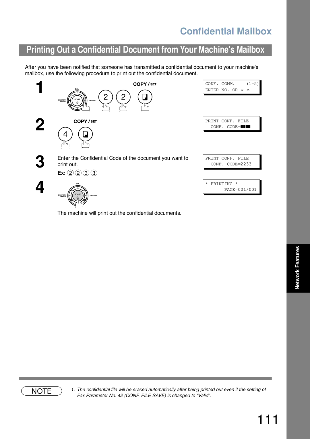 Panasonic UF-6000 appendix 111, Machine will print out the confidential documents, Print CONF. File CONF. CODE=2233 