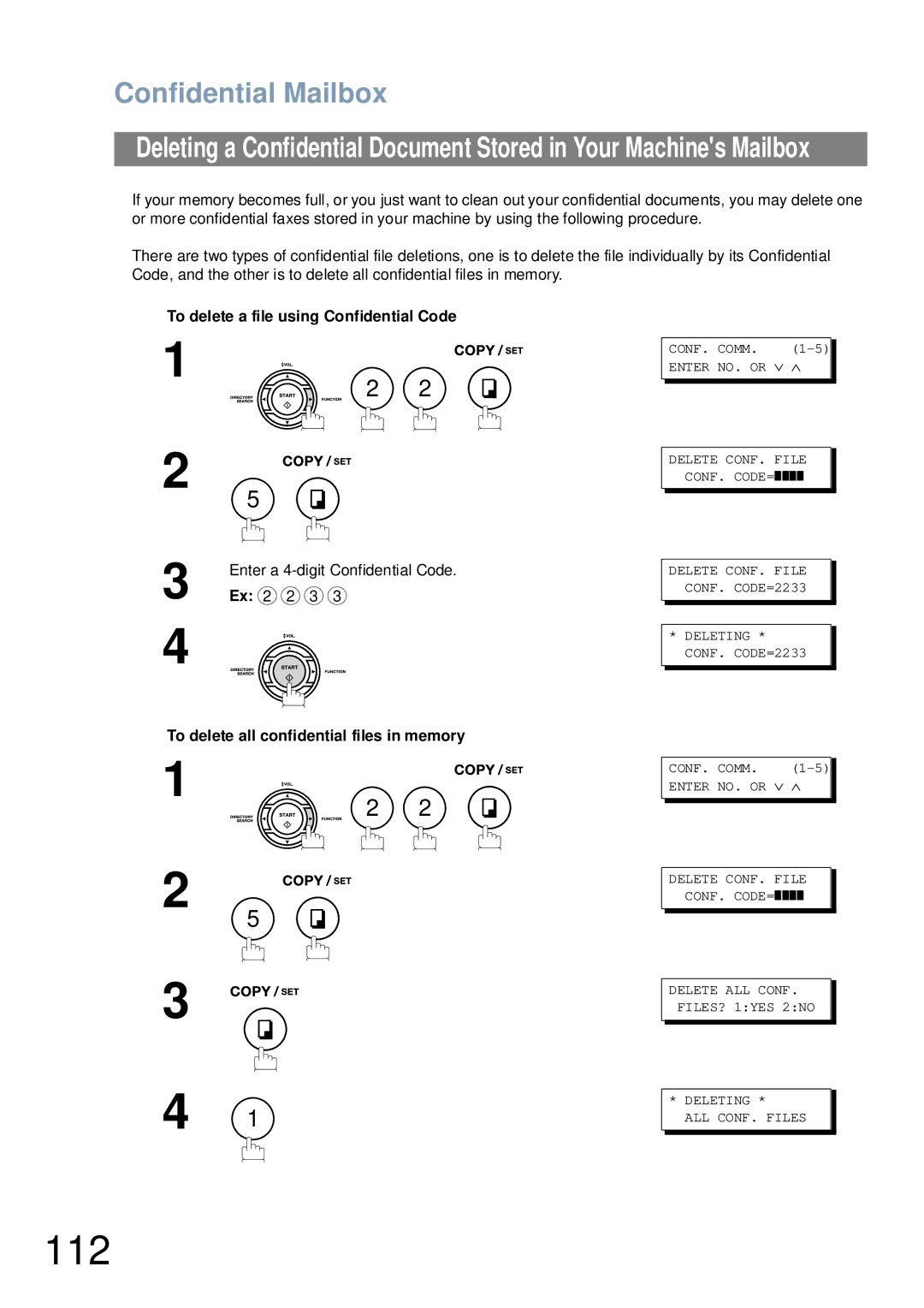 Panasonic UF-6000 appendix 112, Delete ALL CONF. FILES? 1YES 2NO Deleting ALL CONF. Files 